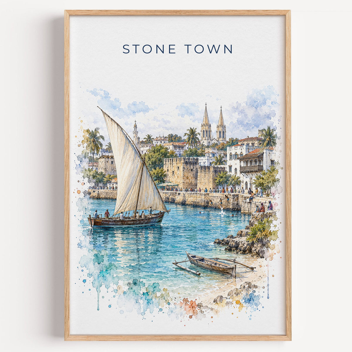 Stone Town watercolor print in a light oak frame on a plain white wall