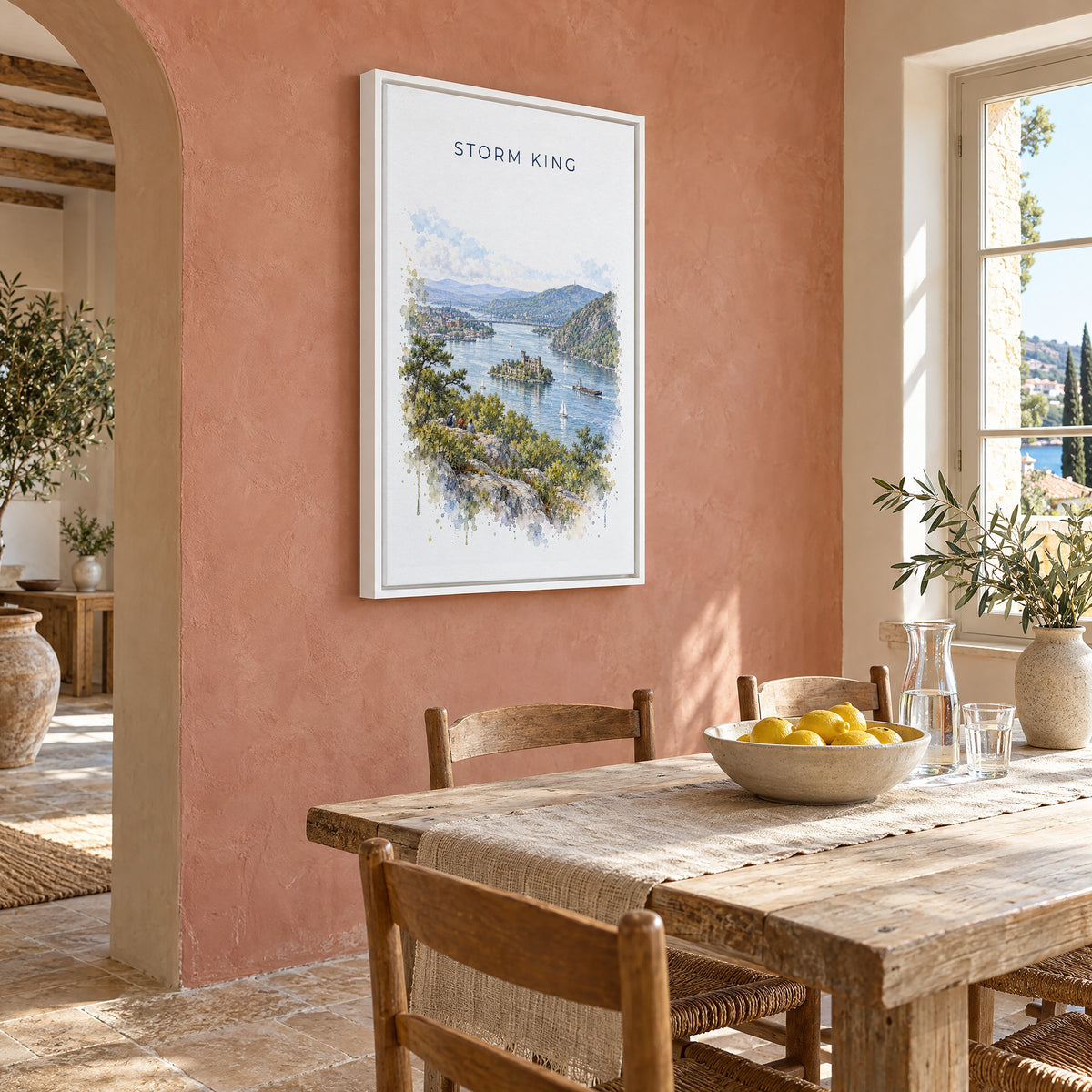 Storm King State Park watercolor print as a white floater canvas on a terracotta wall above a rustic dining table
