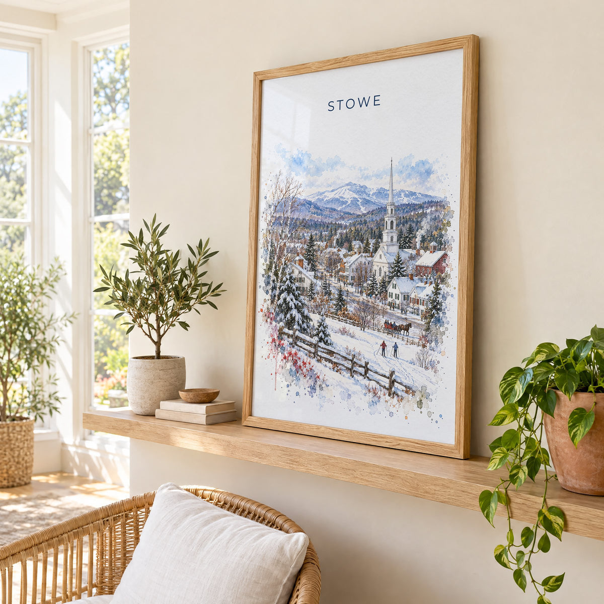 Stowe, Vermont watercolor print in an oak frame on a picture ledge in a sunlit sunroom