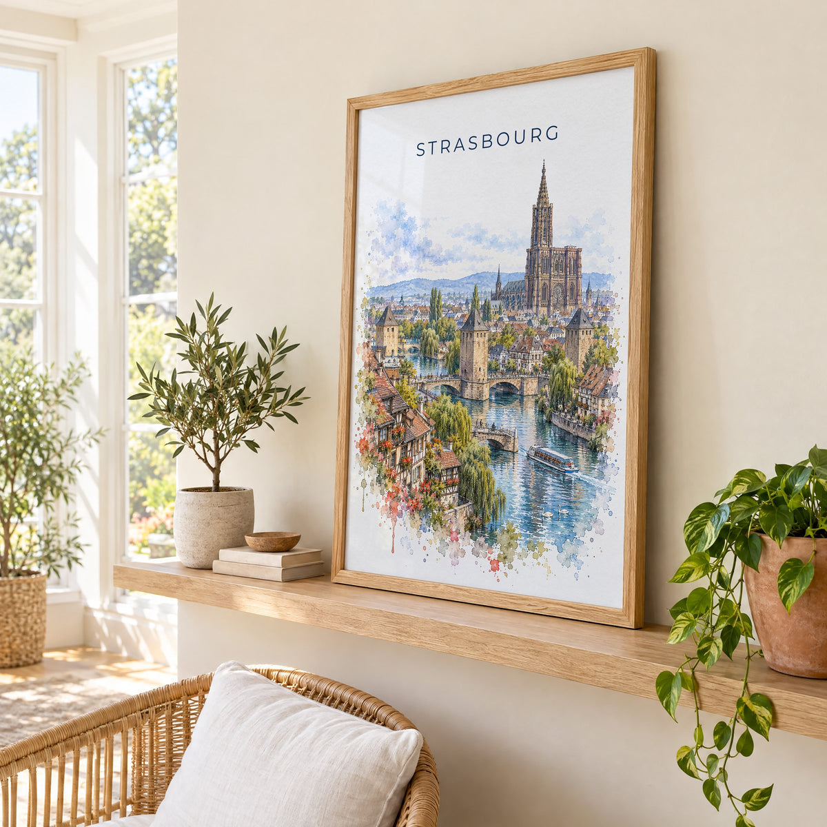 Strasbourg watercolor print in an oak frame on a picture ledge in a sunlit sunroom