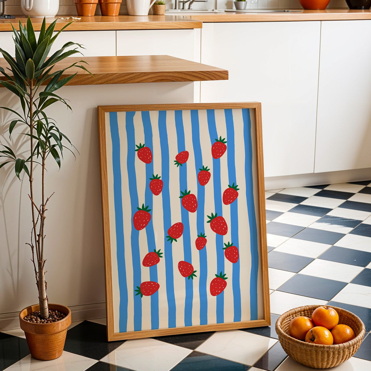 Strawberries blue stripe print in an oak frame by a kitchen island and checkered floor
