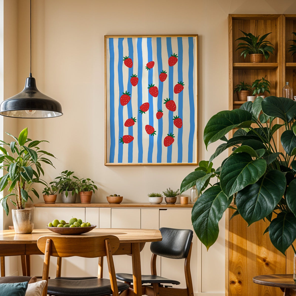 Strawberries blue stripe print in an oak frame above a sideboard in a dining room