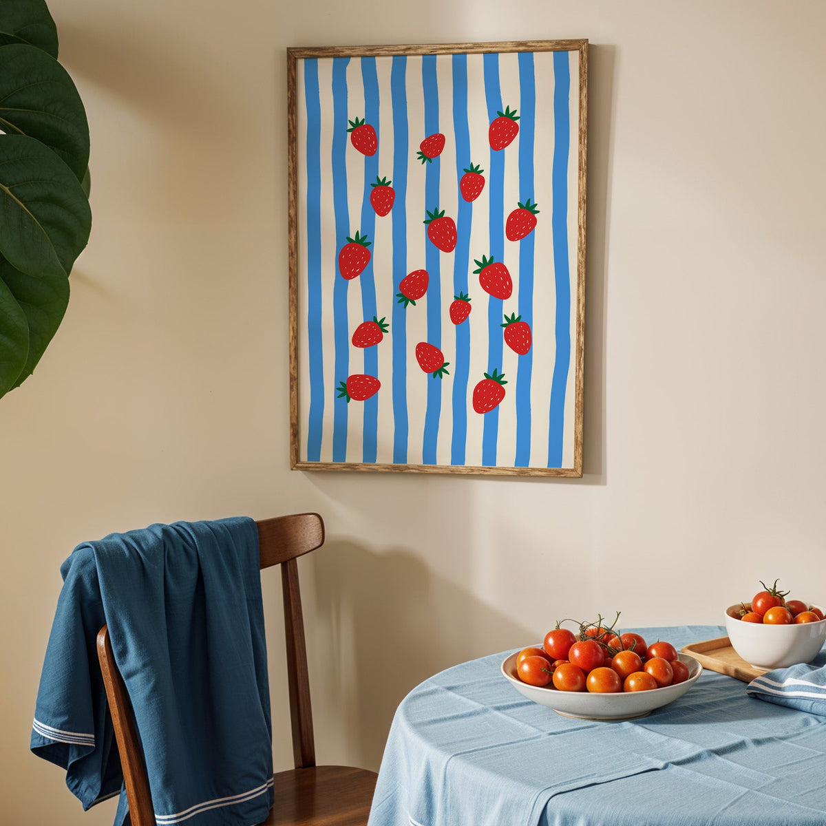 Strawberries blue stripe print in an oak frame above a blue linen table with tomatoes