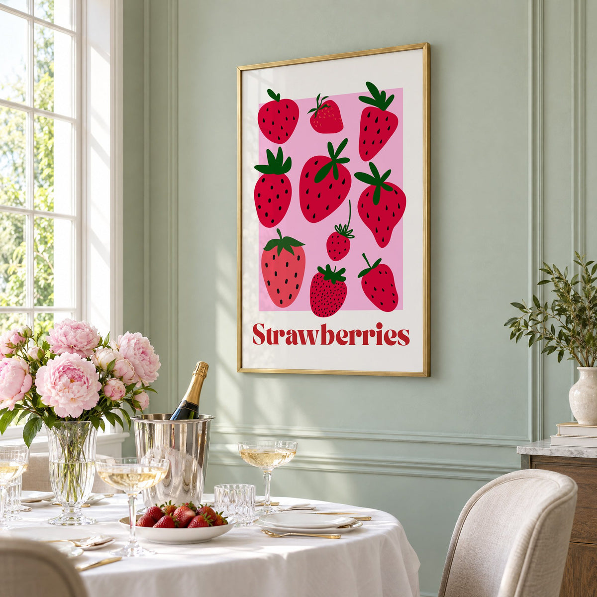Strawberries bold serif pink panel berry print in a brass frame on a sage wall above a brunch table with champagne and peonies, seen at an angle