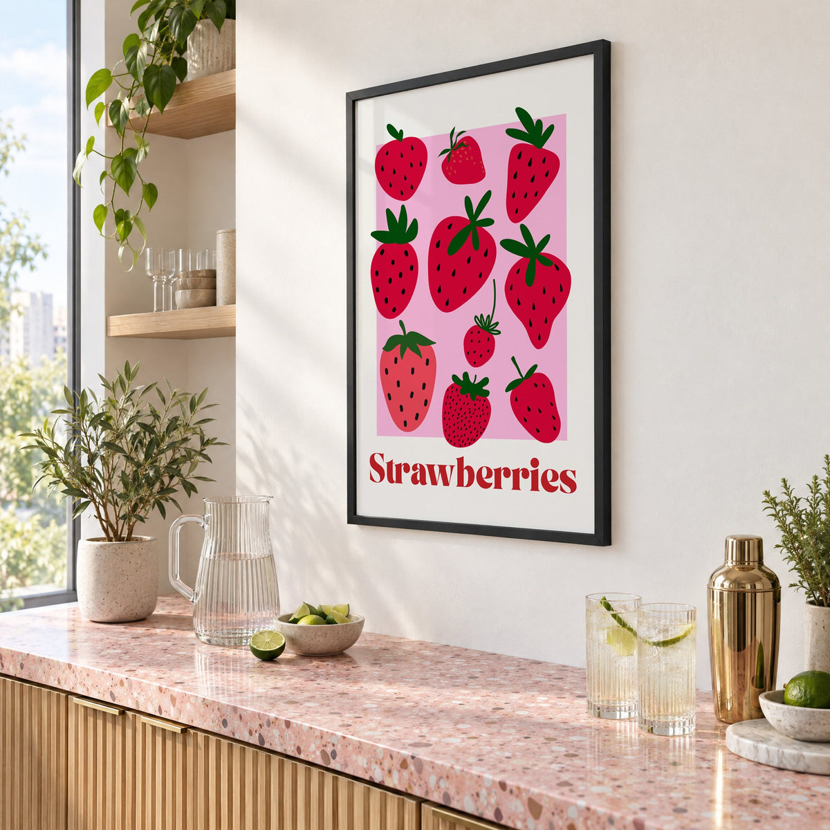 Strawberries bold serif pink panel berry print in a black frame above a pink terrazzo cocktail counter with limes, seen at an angle