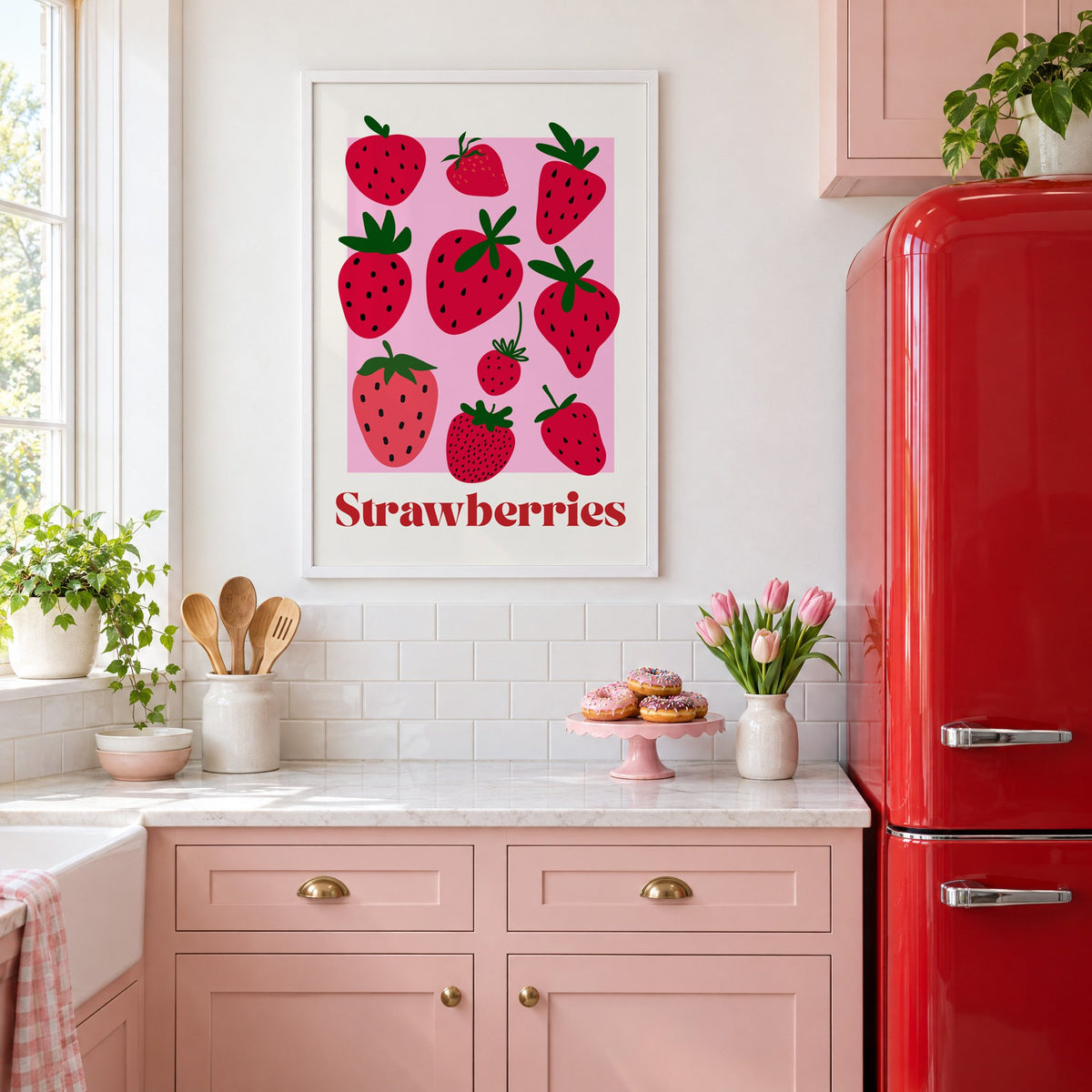 Strawberries bold serif pink panel berry print in a white frame above pink cabinets beside a red retro fridge