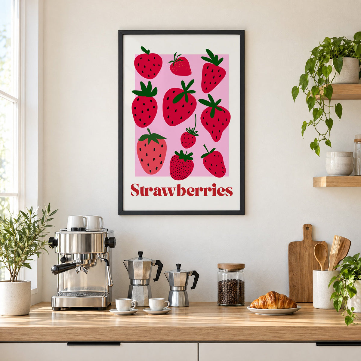 Strawberries bold serif pink panel berry print in a black frame above a home espresso bar with moka pots and espresso cups