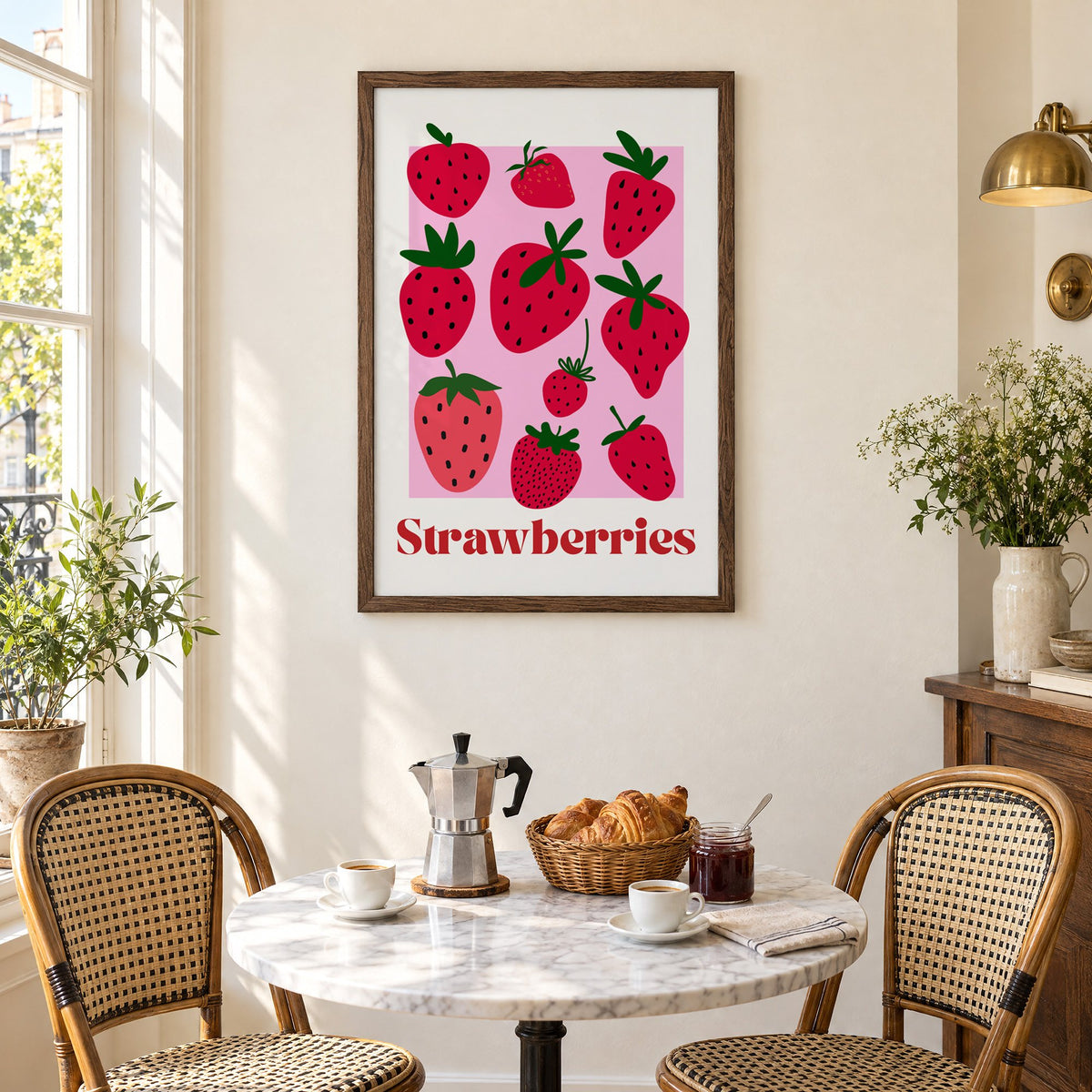 Strawberries bold serif pink panel berry print in a walnut frame above a marble bistro table with croissants and rattan chairs