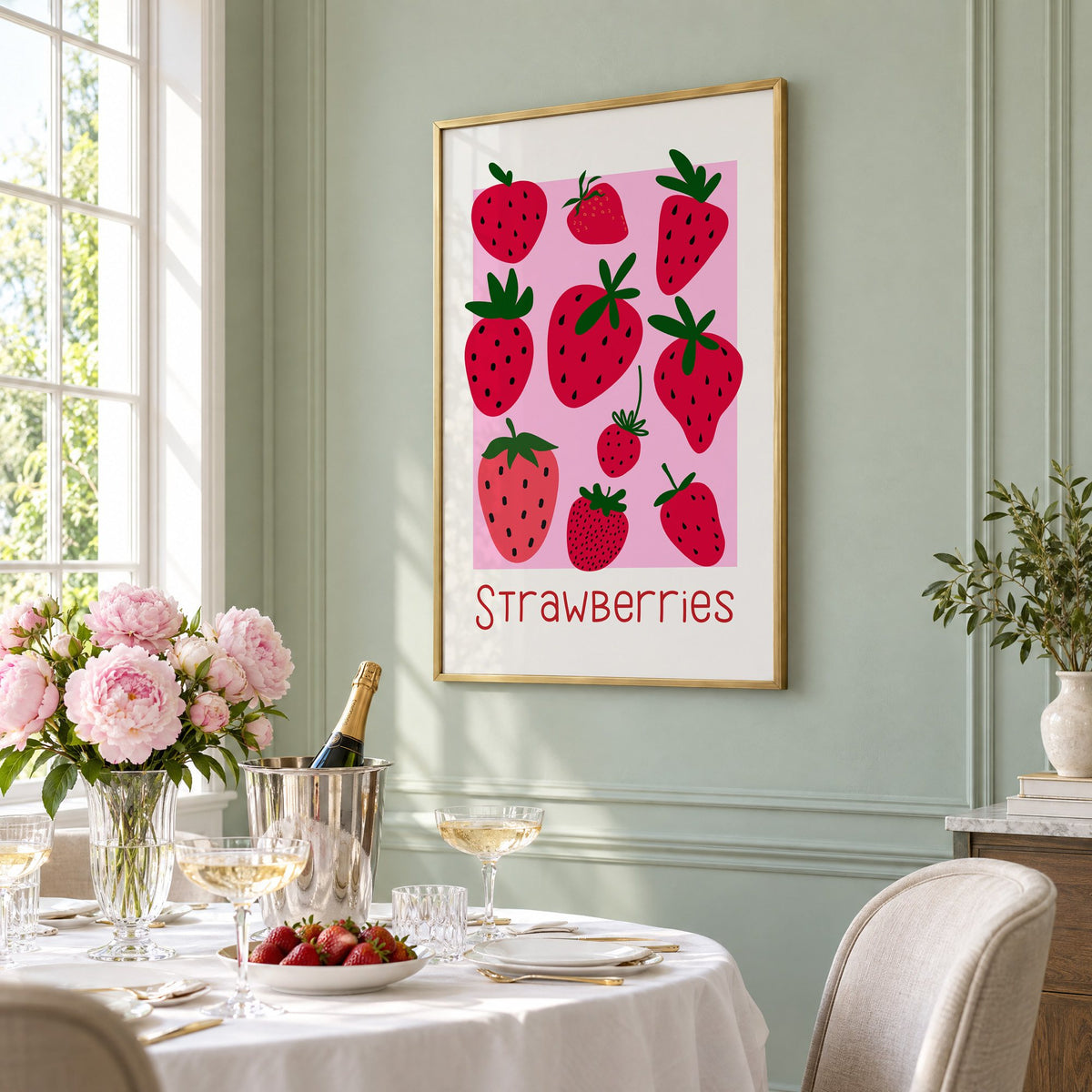Strawberries thin lettering pink panel berry print in a brass frame on a sage wall above a brunch table with champagne and peonies, seen at an angle