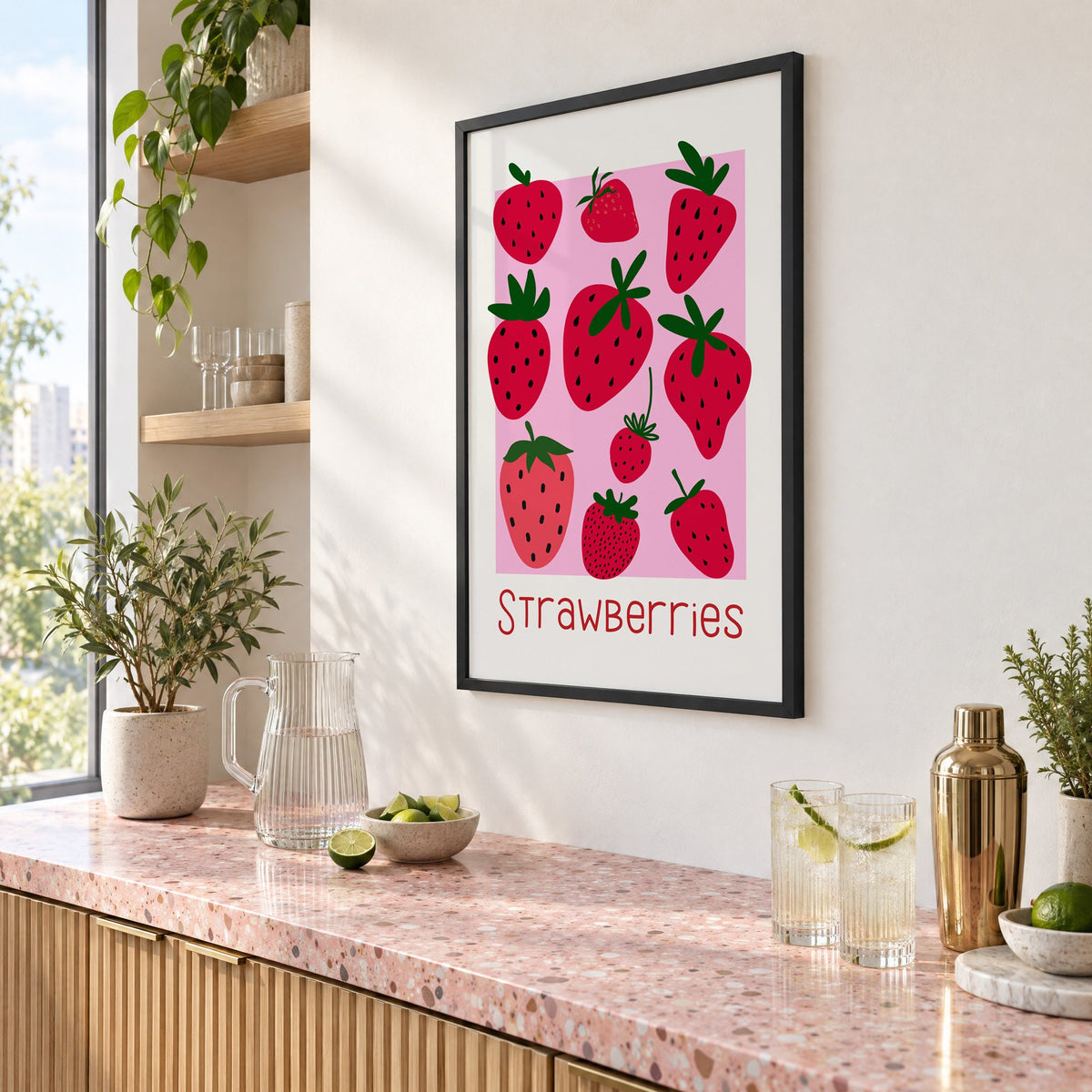 Strawberries thin lettering pink panel berry print in a black frame above a pink terrazzo cocktail counter with limes, seen at an angle