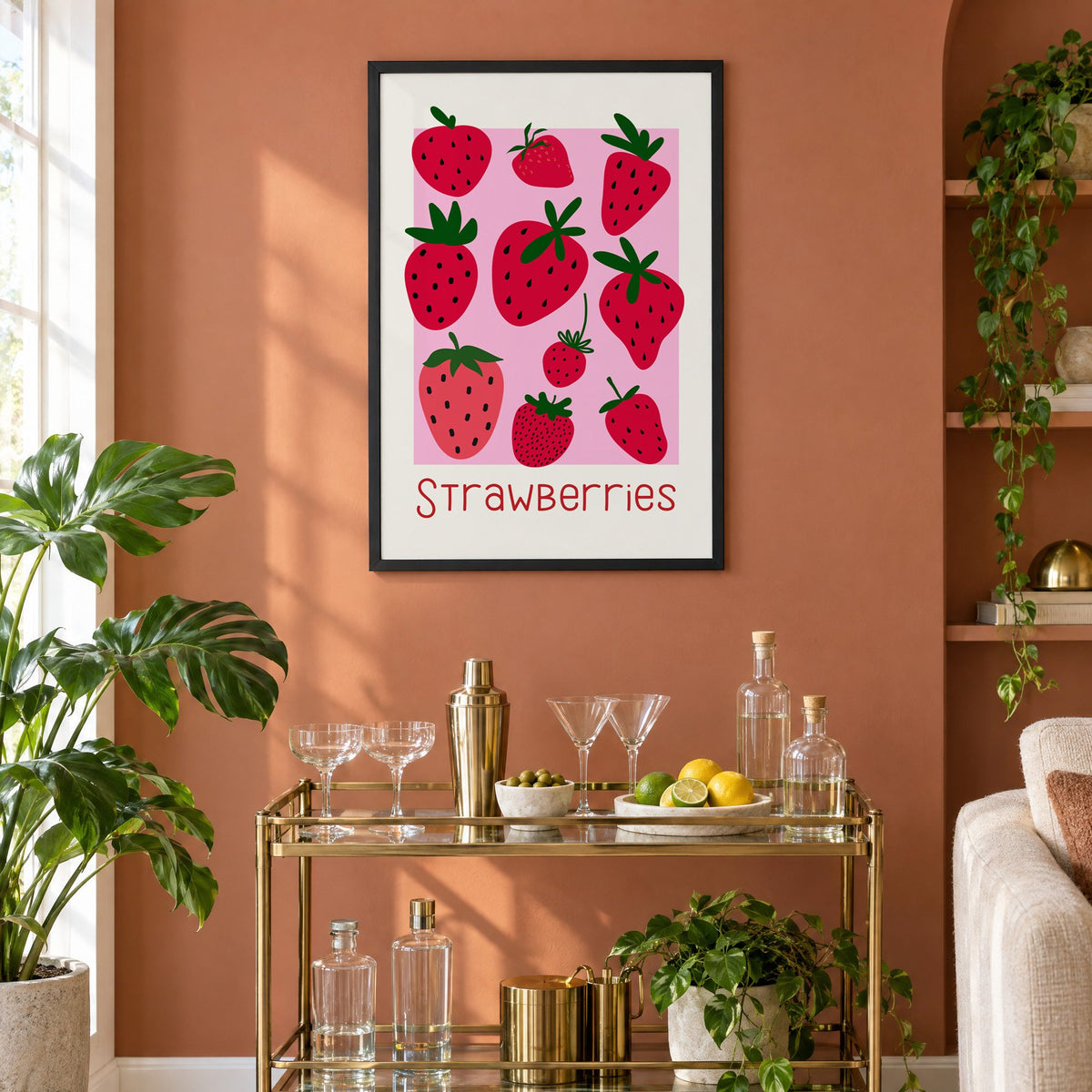 Strawberries thin lettering pink panel berry print in a black frame on a terracotta wall above a brass bar cart with coupes and citrus