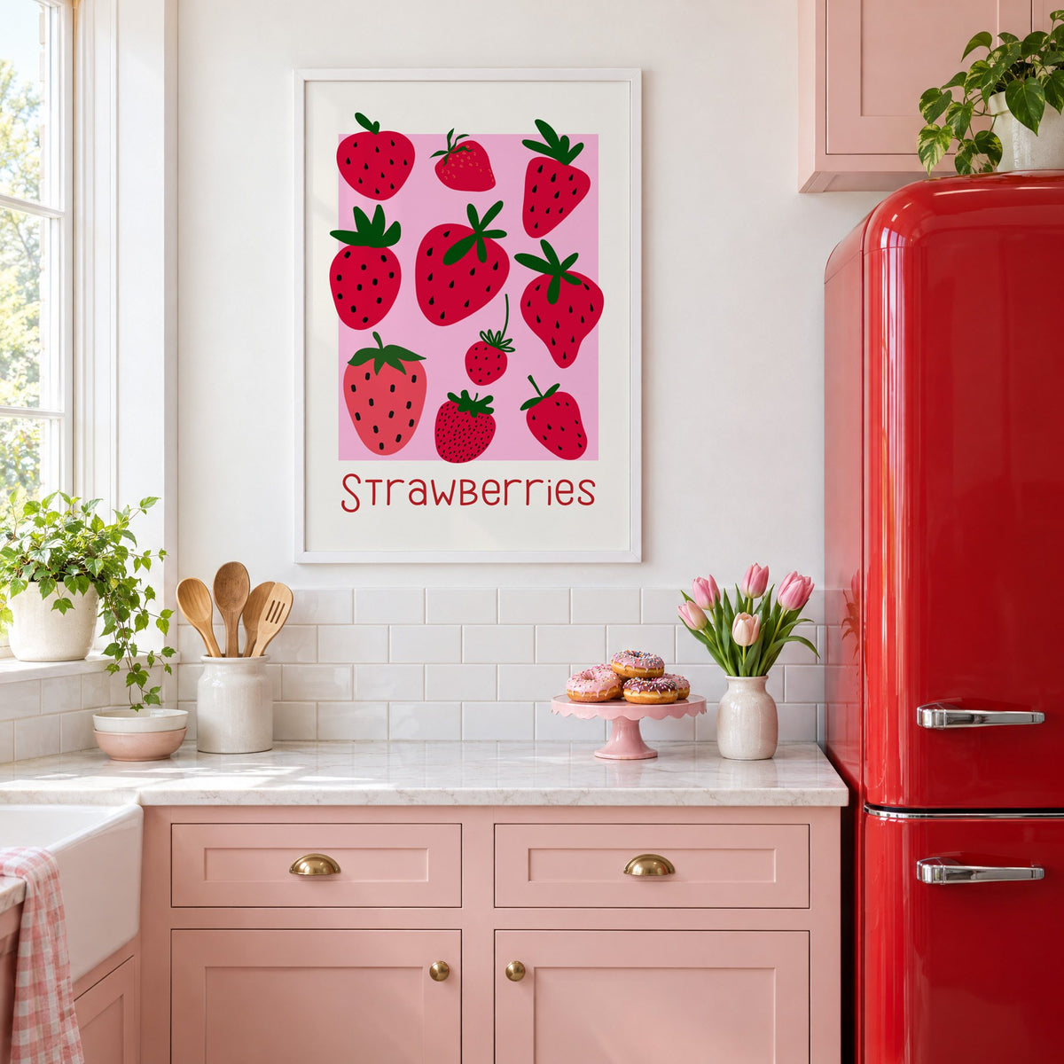 Strawberries thin lettering pink panel berry print in a white frame above pink cabinets beside a red retro fridge