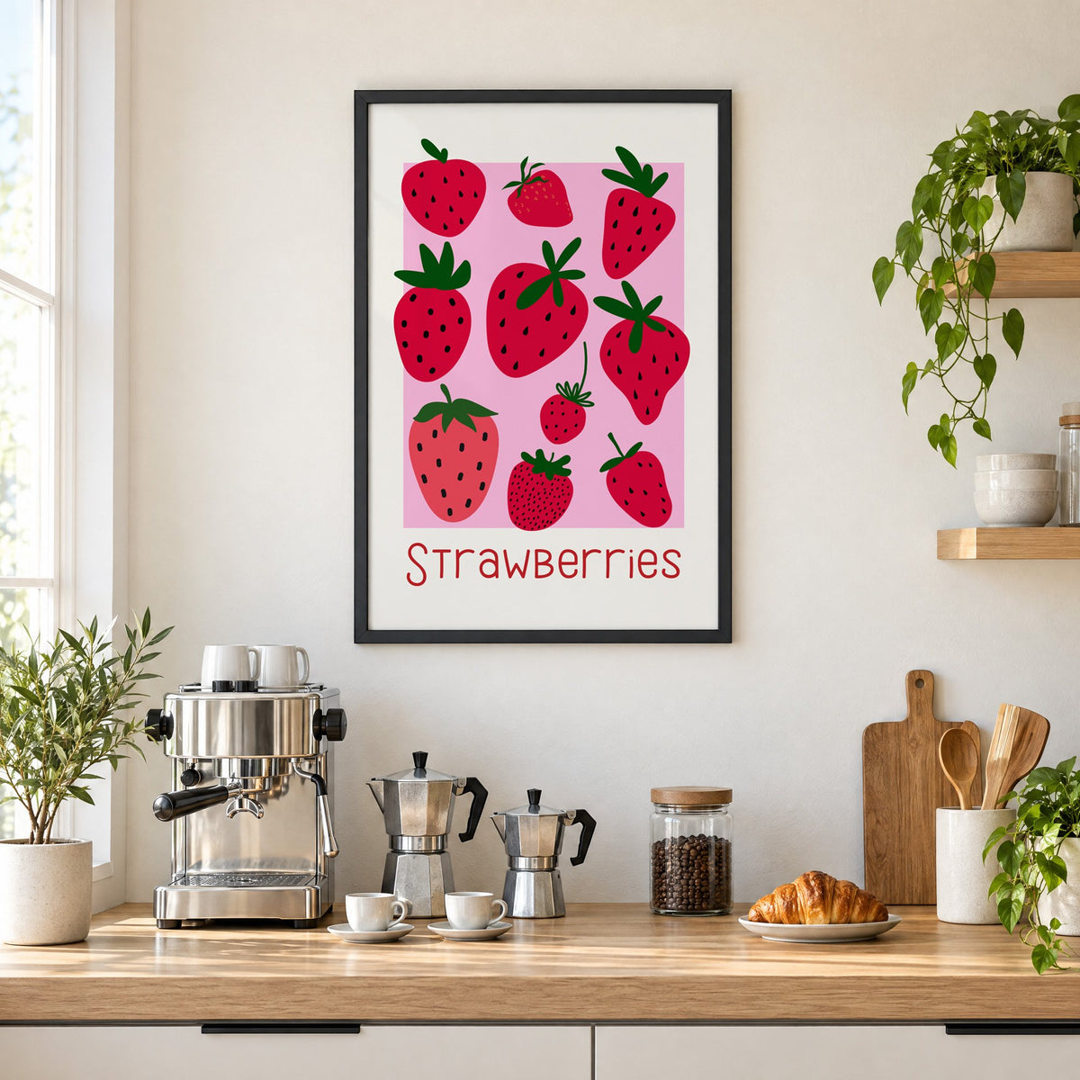 Strawberries thin lettering pink panel berry print in a black frame above a home espresso bar with moka pots and espresso cups