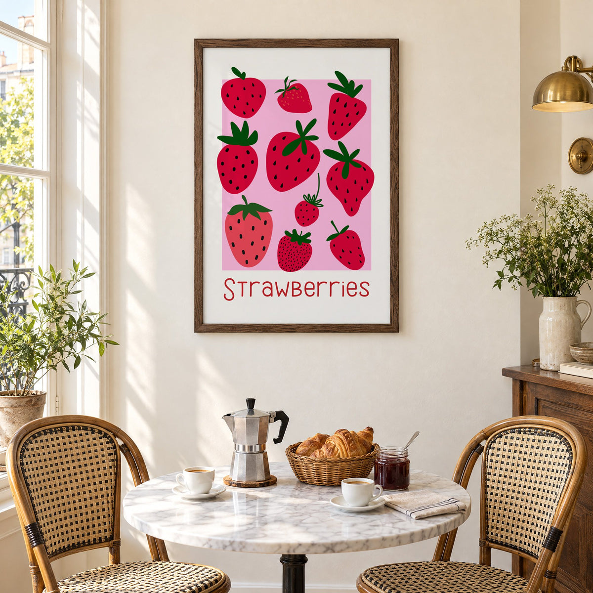 Strawberries thin lettering pink panel berry print in a walnut frame above a marble bistro table with croissants and rattan chairs