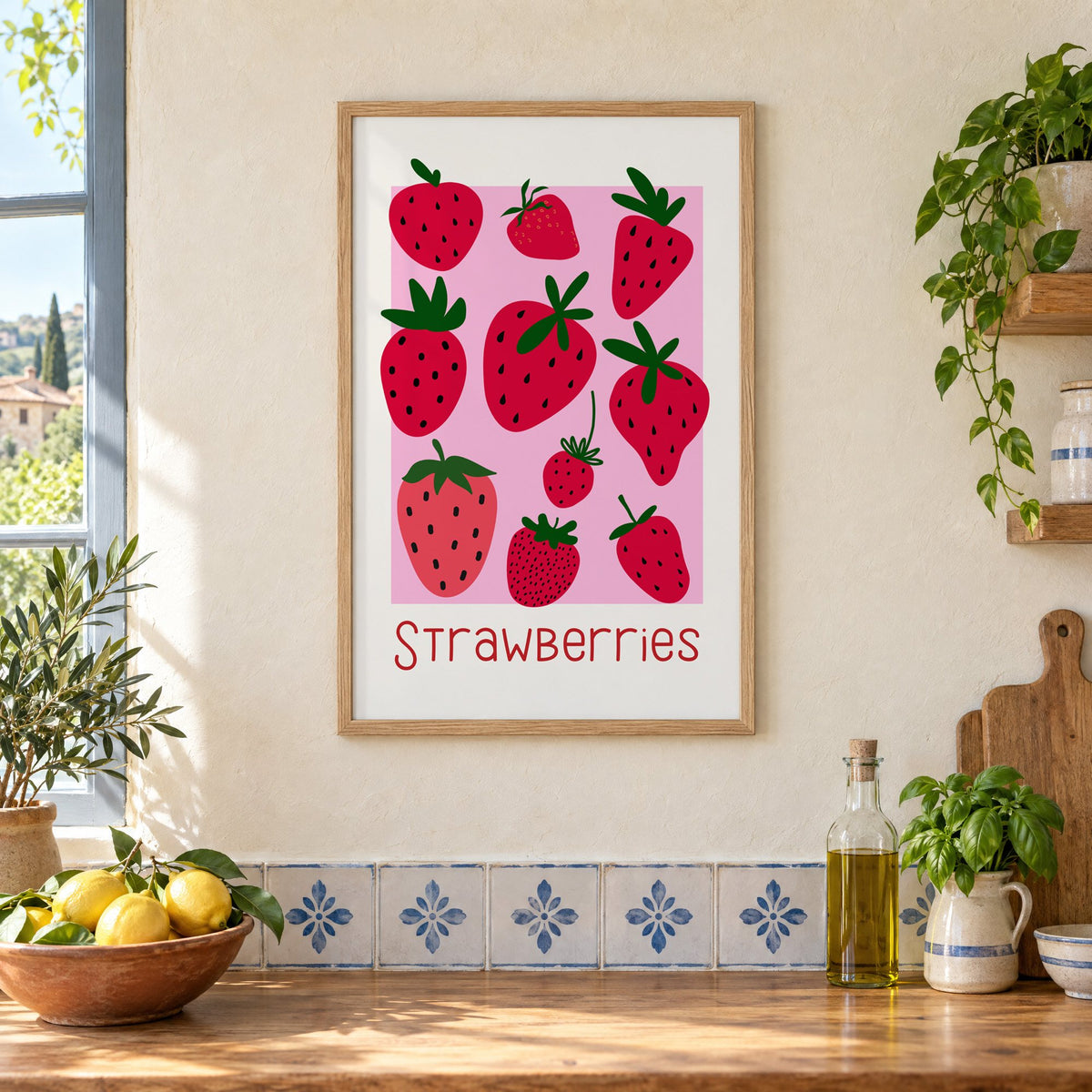 Strawberries thin lettering pink panel berry print in an oak frame on a cream plaster wall above a worktop with a bowl of lemons and blue-and-white tiles