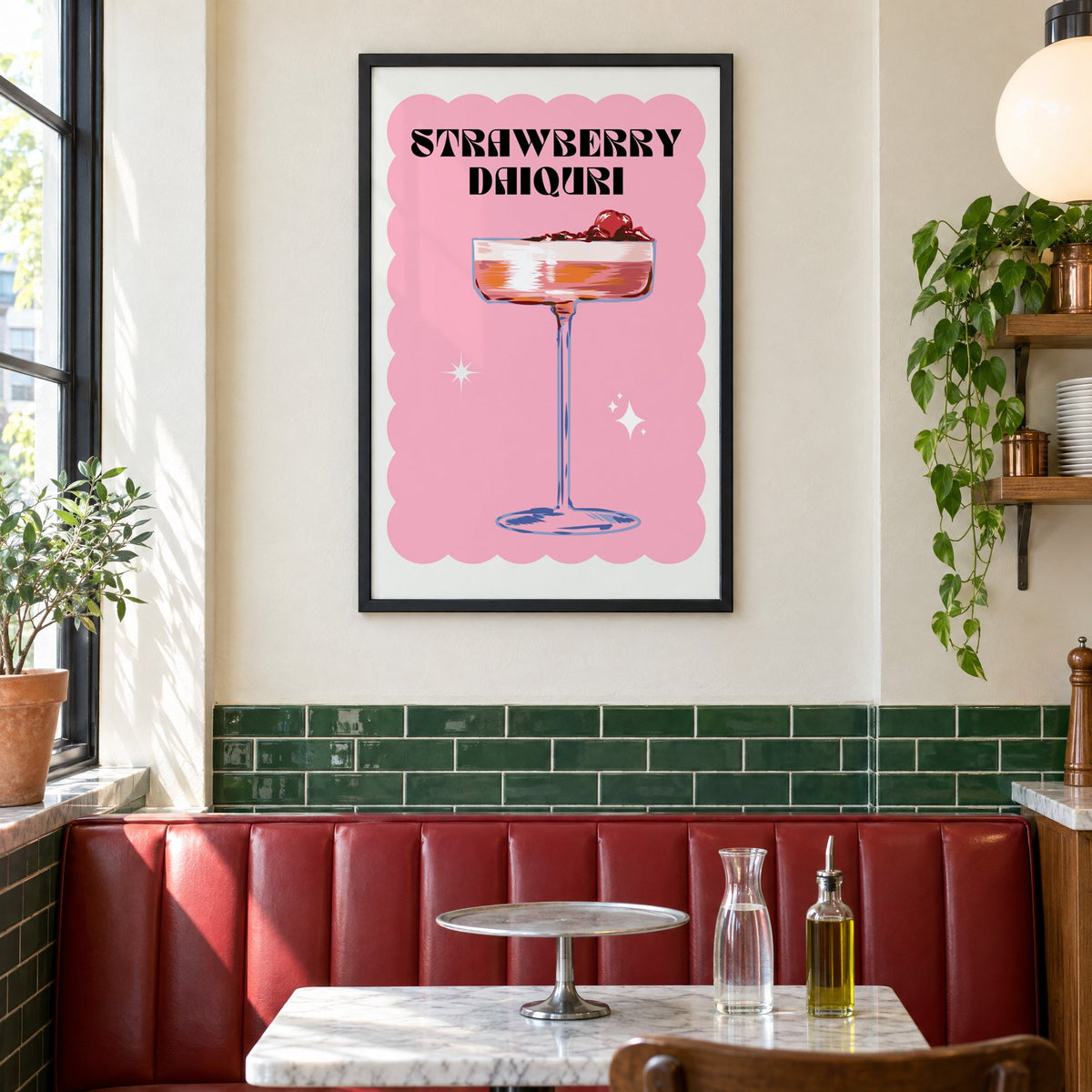 Strawberry daiquiri pink coupe print in a black frame above a red leather booth in a sunny pizzeria
