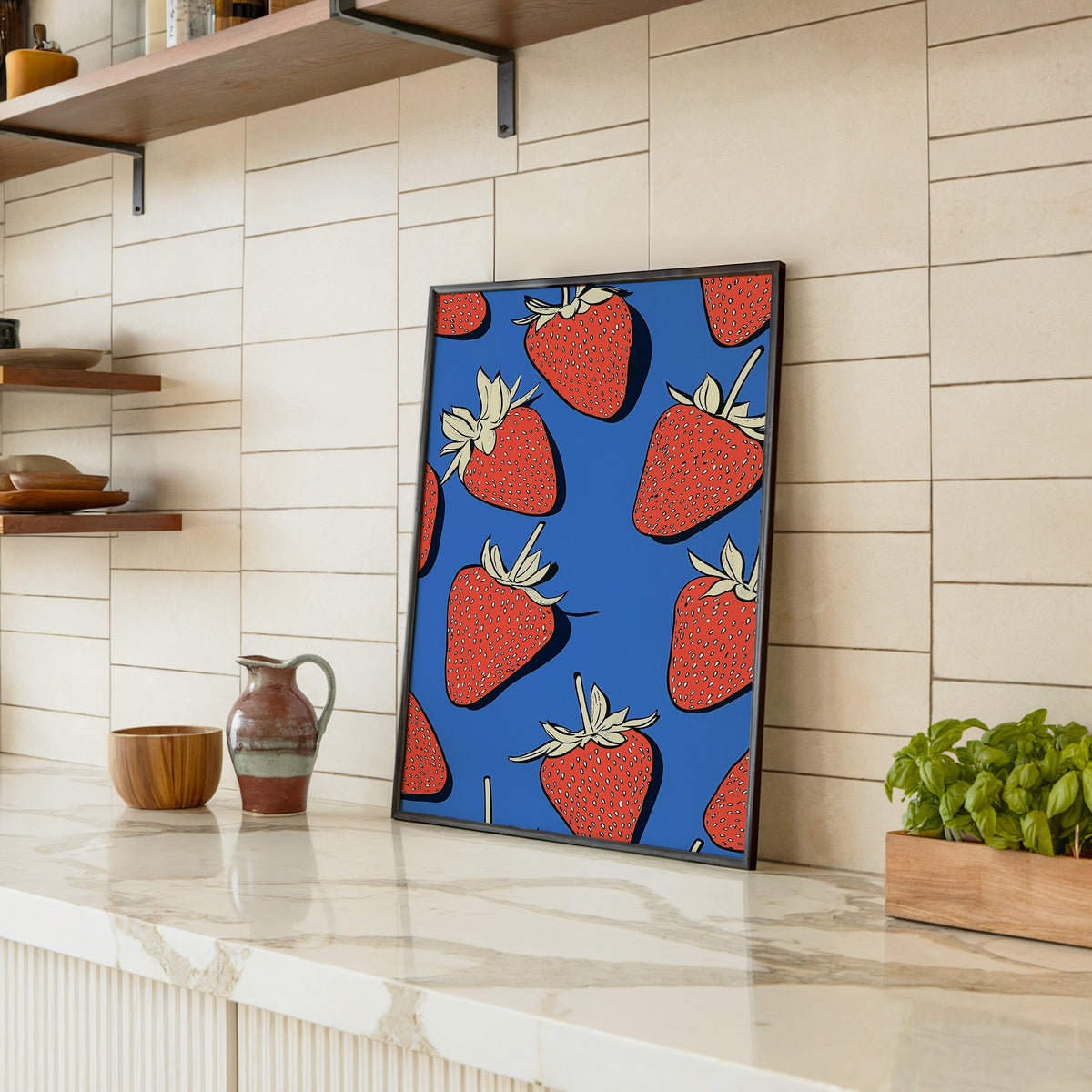 Strawberry pattern print in a black frame leaning on a marble counter in a tiled kitchen