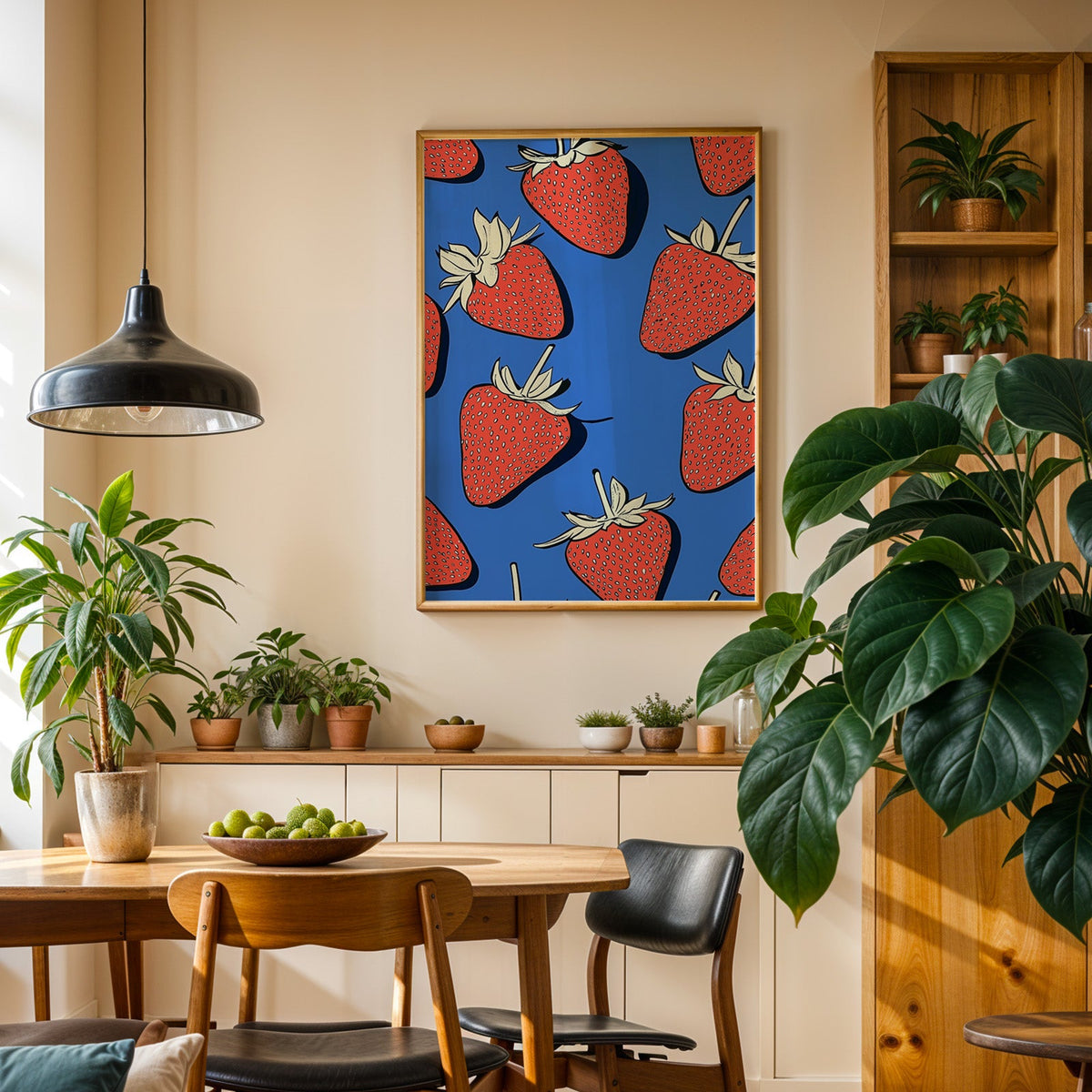 Strawberry pattern print in an oak frame in a dining room above a plant-lined sideboard
