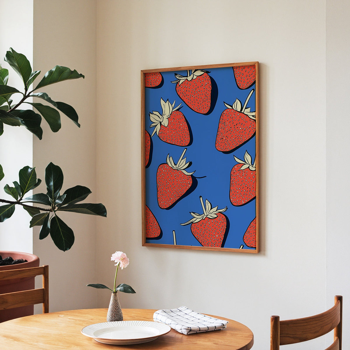 Strawberry pattern print in a walnut frame above a round table beside a fiddle-leaf fig