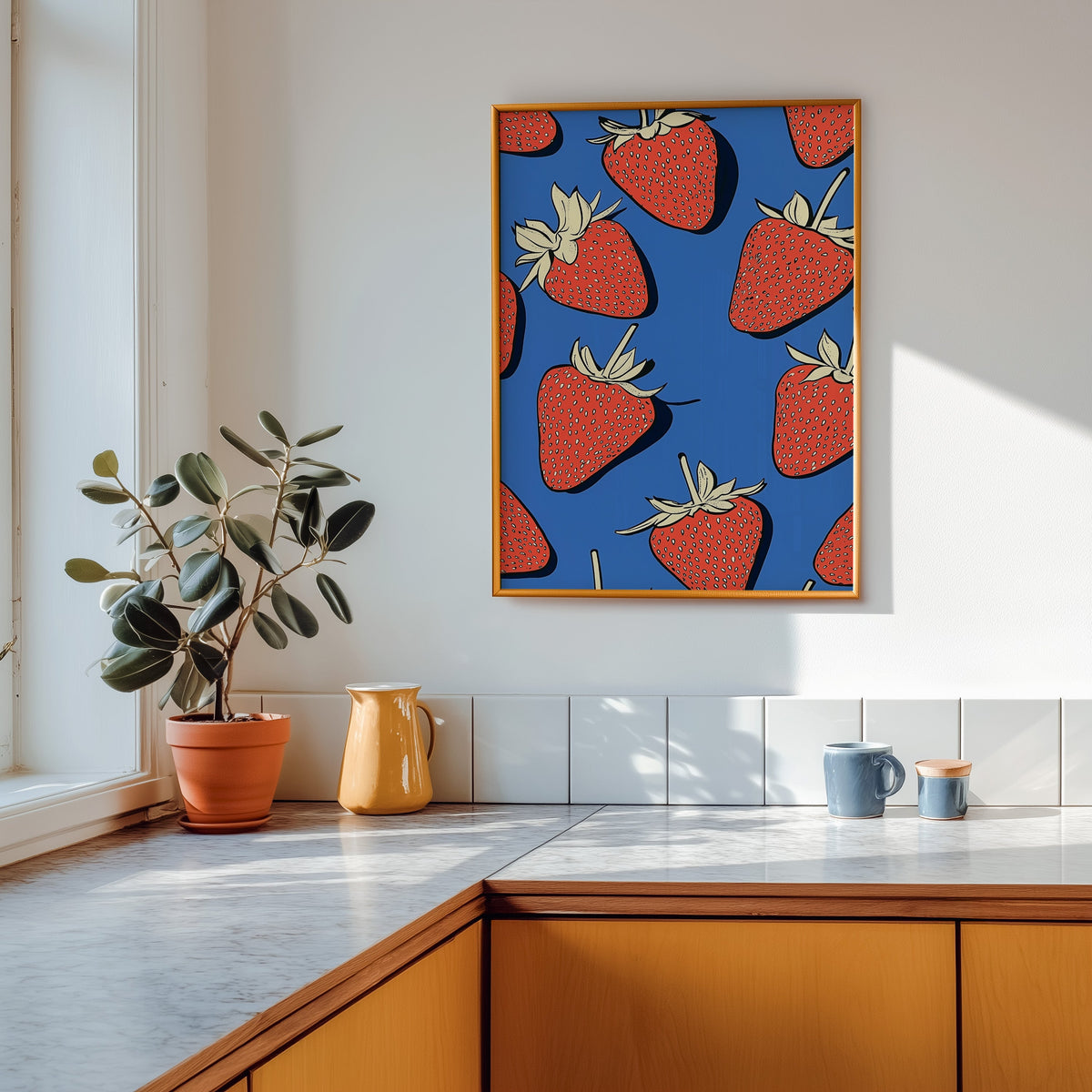 Strawberry pattern print shown in a gold frame above a marble counter in a tan kitchen