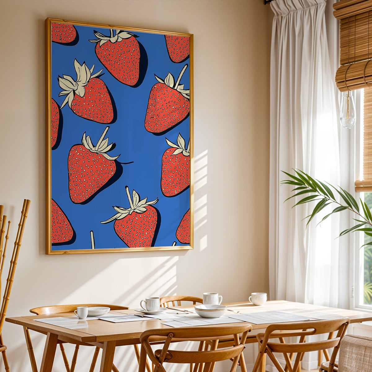 Strawberry pattern print shown in a gold frame above a breakfast table by a curtained window