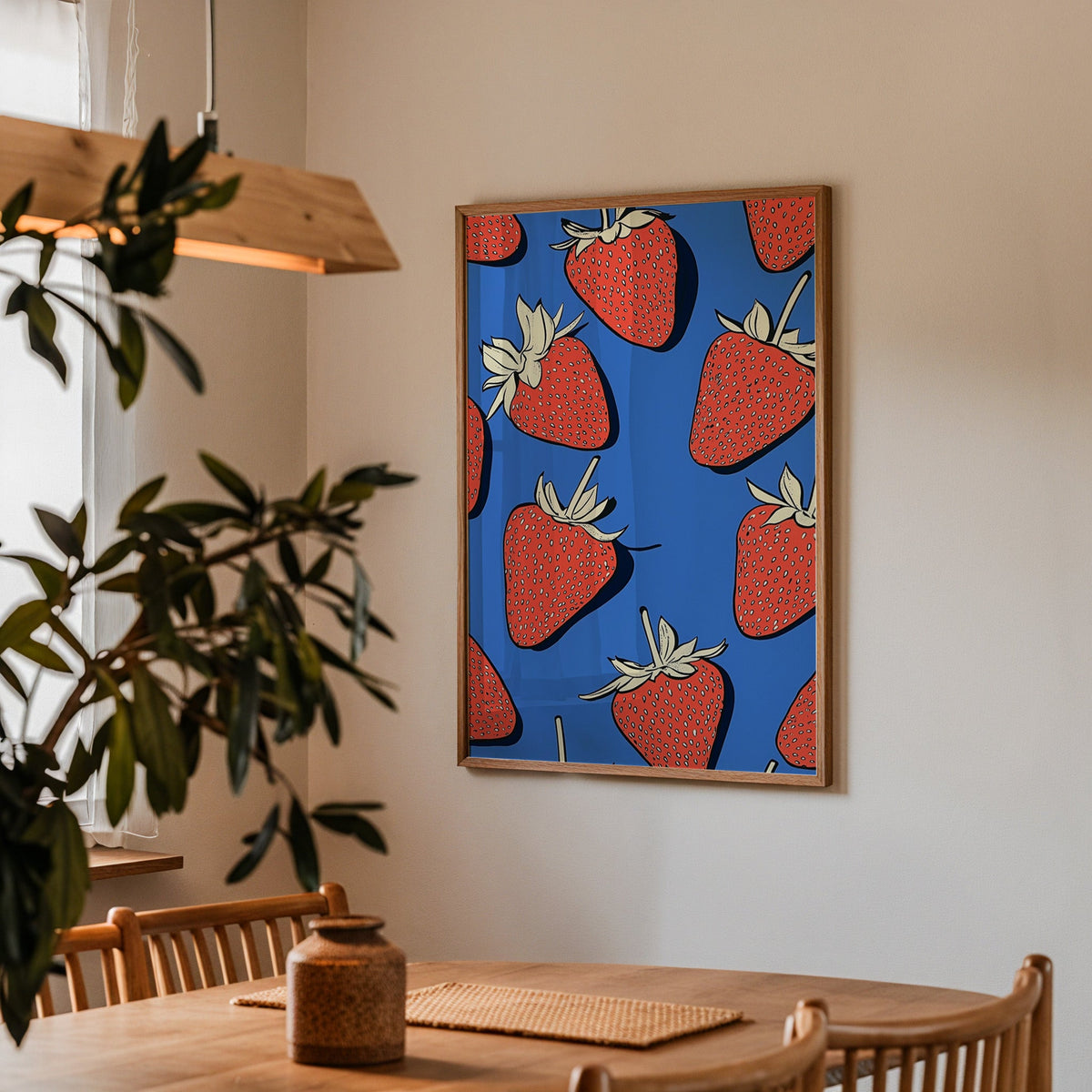 Strawberry pattern print in a walnut frame above a dining table with olive branches