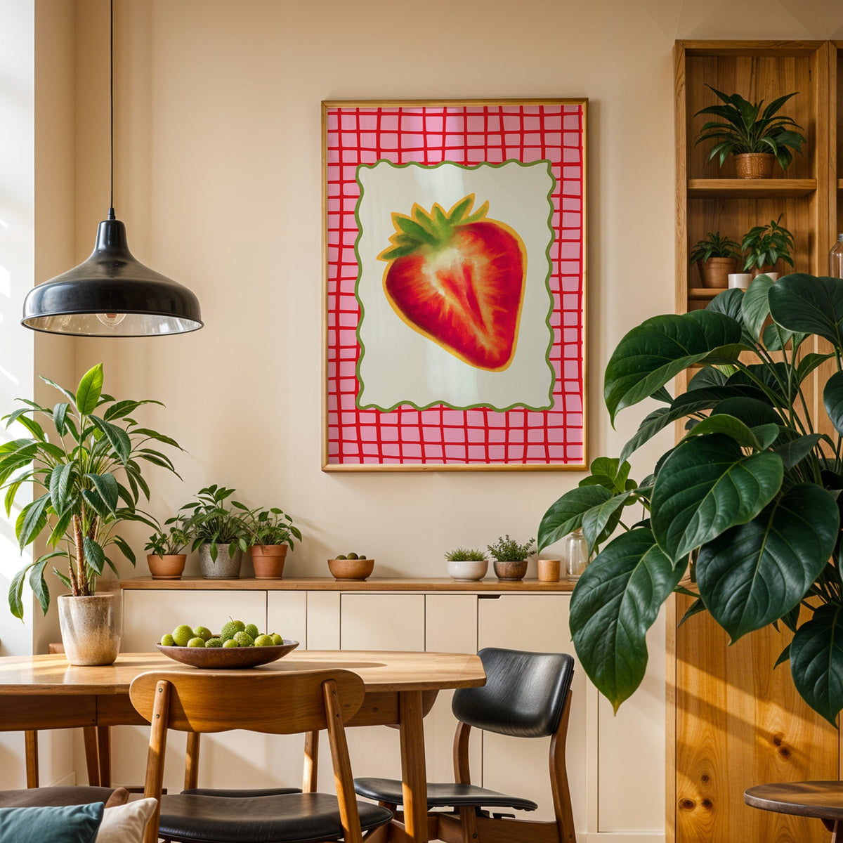 Strawberry red grid print in an oak frame in a dining room above a plant-lined sideboard