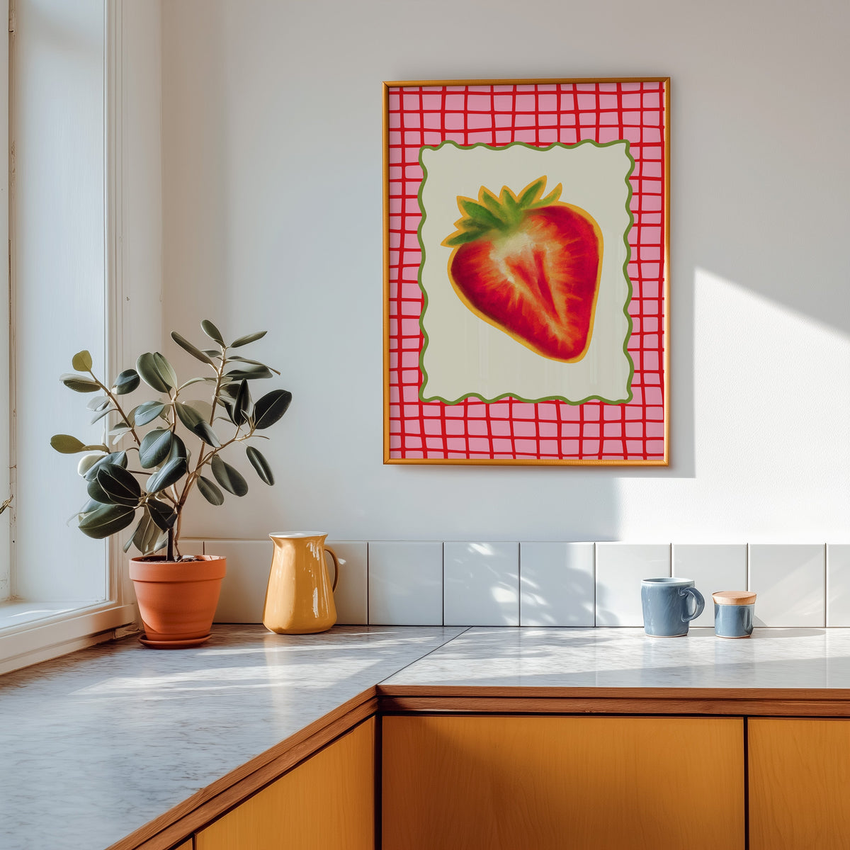 Strawberry red grid print shown in a gold frame above a marble counter in a tan kitchen