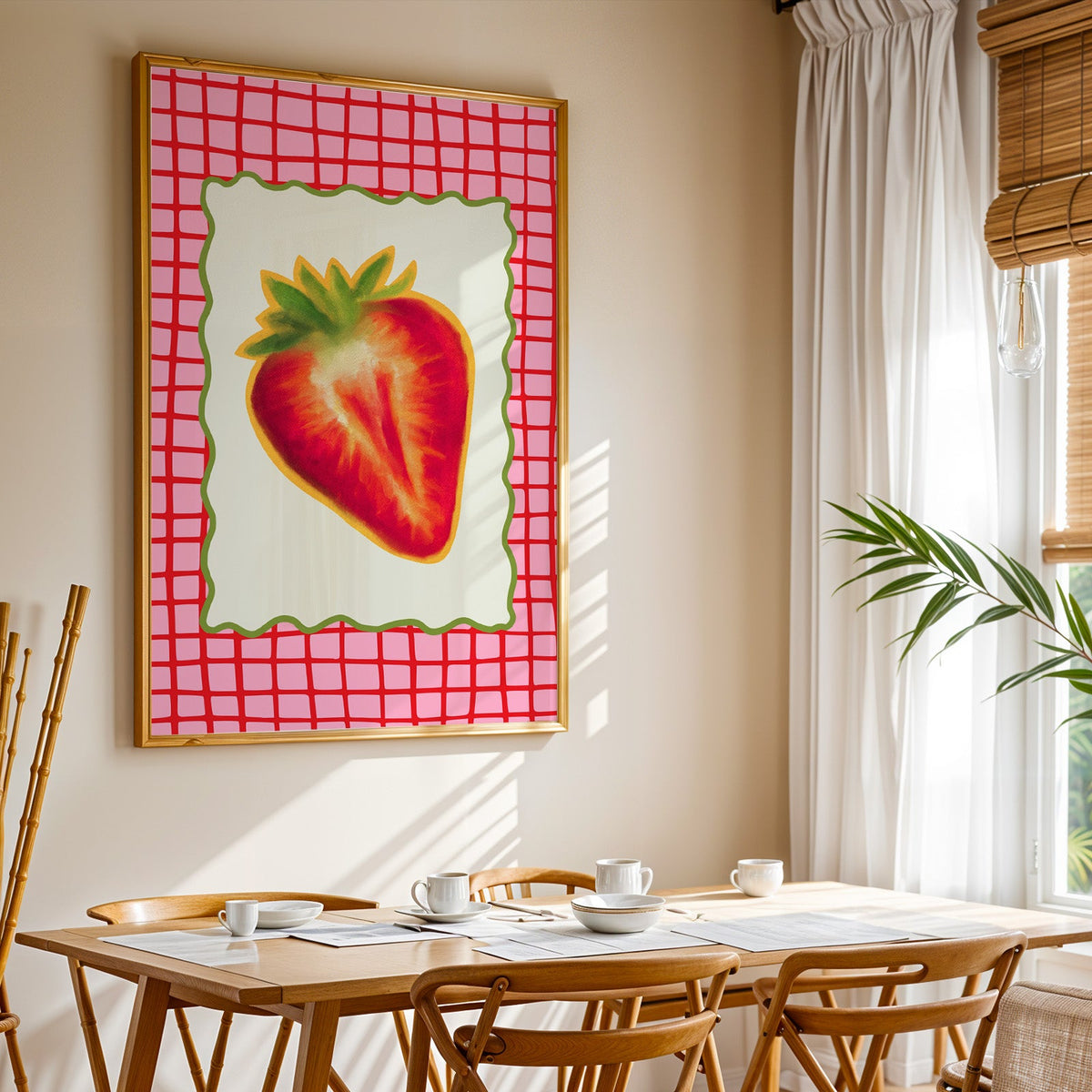 Strawberry red grid print shown in a gold frame above a breakfast table by a curtained window