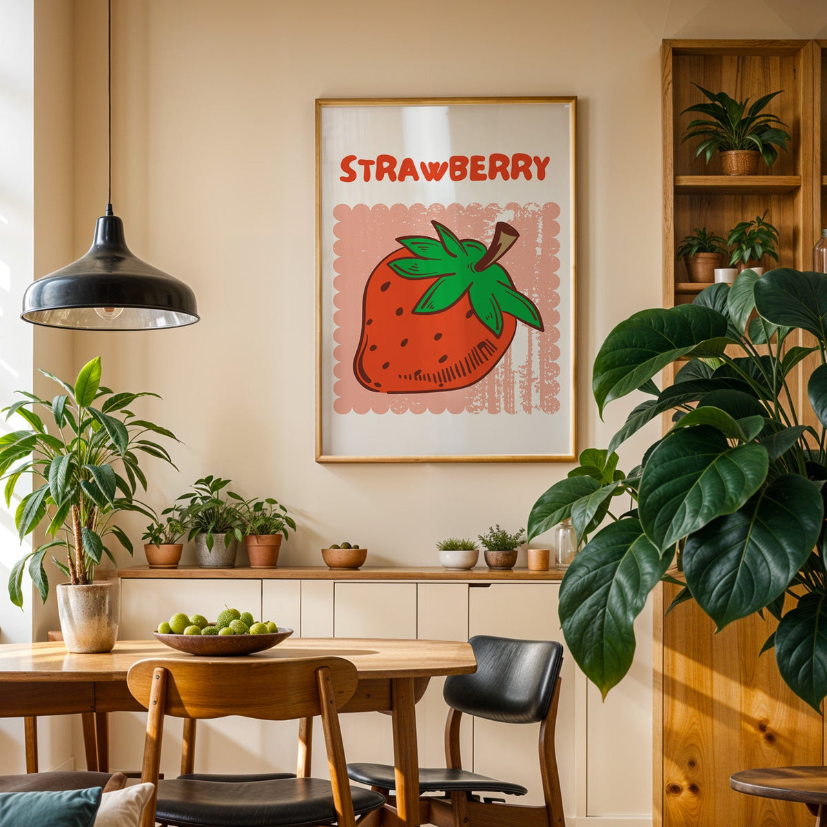 Strawberry scallop print in an oak frame in a dining room above a plant-lined sideboard