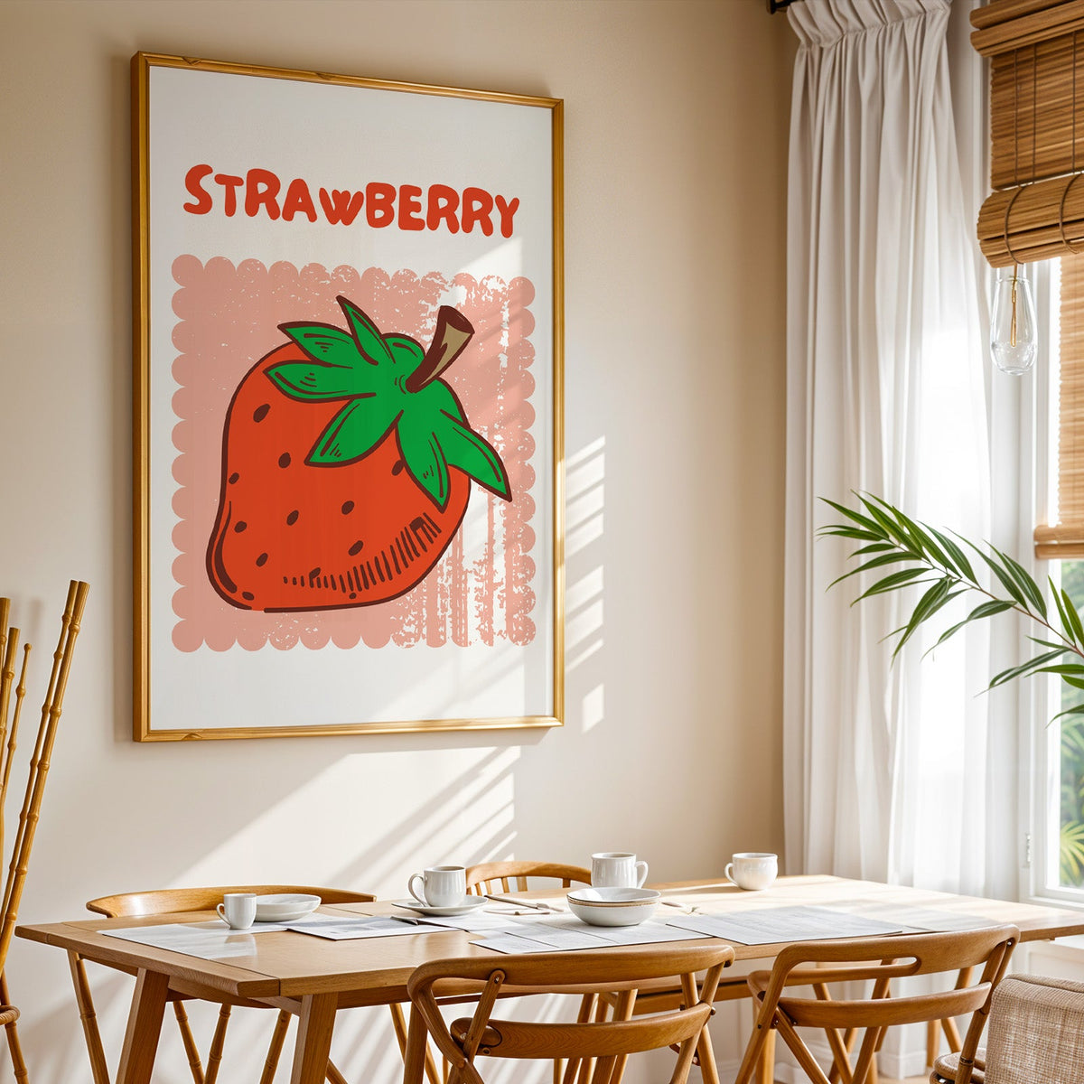 Strawberry scallop print shown in a gold frame above a breakfast table by a curtained window