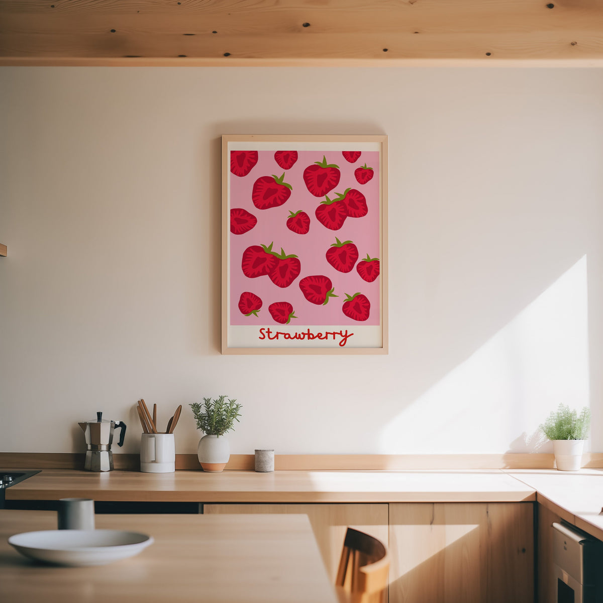 Strawberry print in an oak frame above a wood counter with a moka pot and herbs
