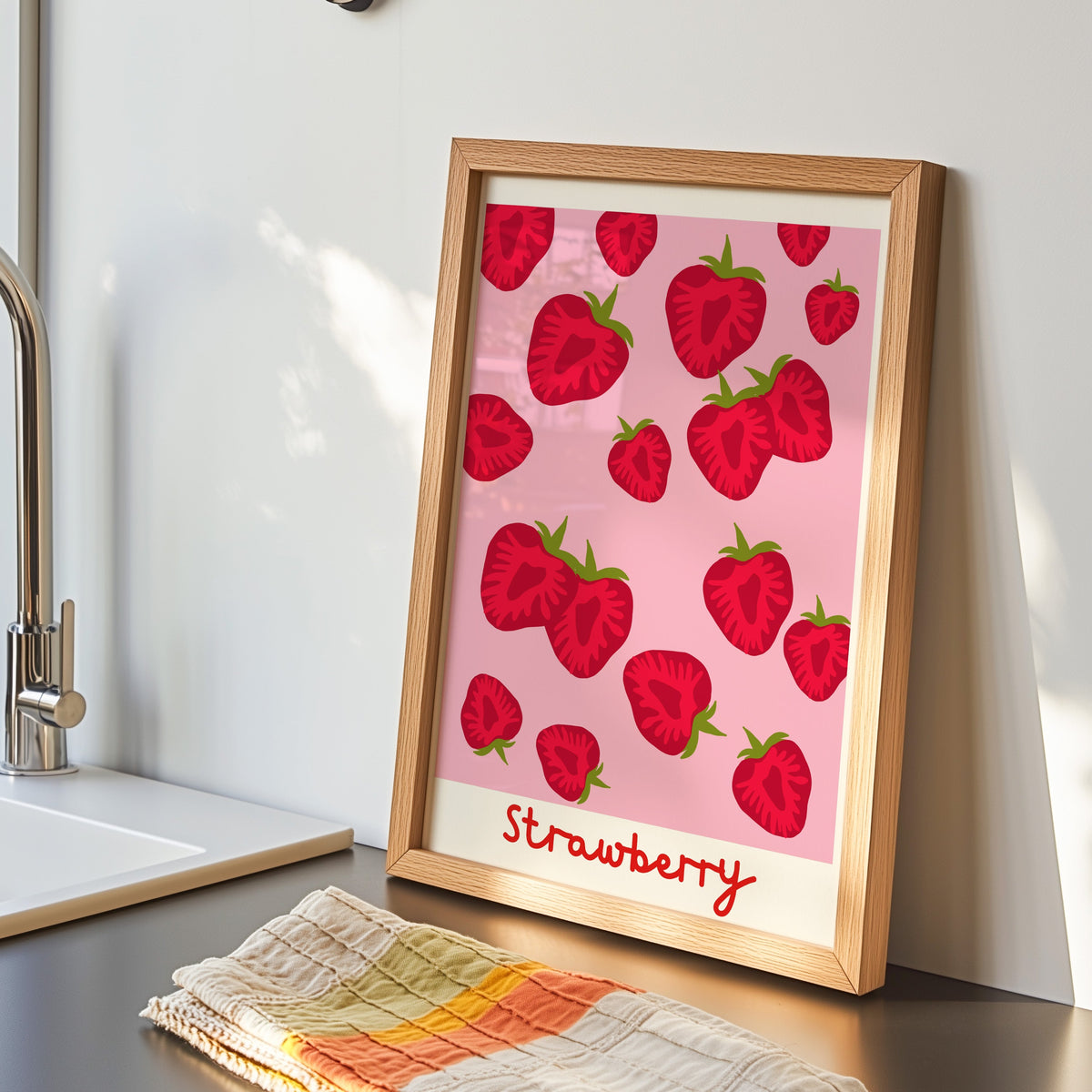 Strawberry print in an oak frame by the kitchen sink beside a striped tea towel