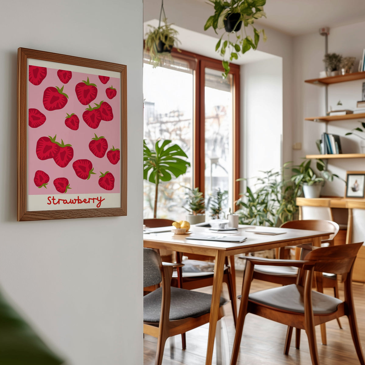 Strawberry print in a walnut frame beside a mid-century dining table