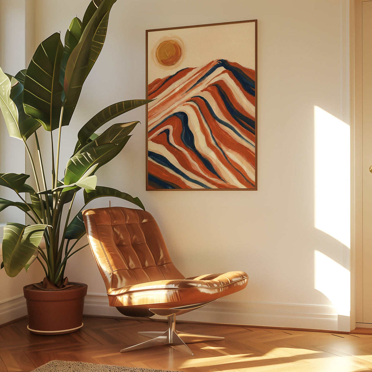 Boho abstract landscape print in a slim walnut frame above a tan leather lounge chair