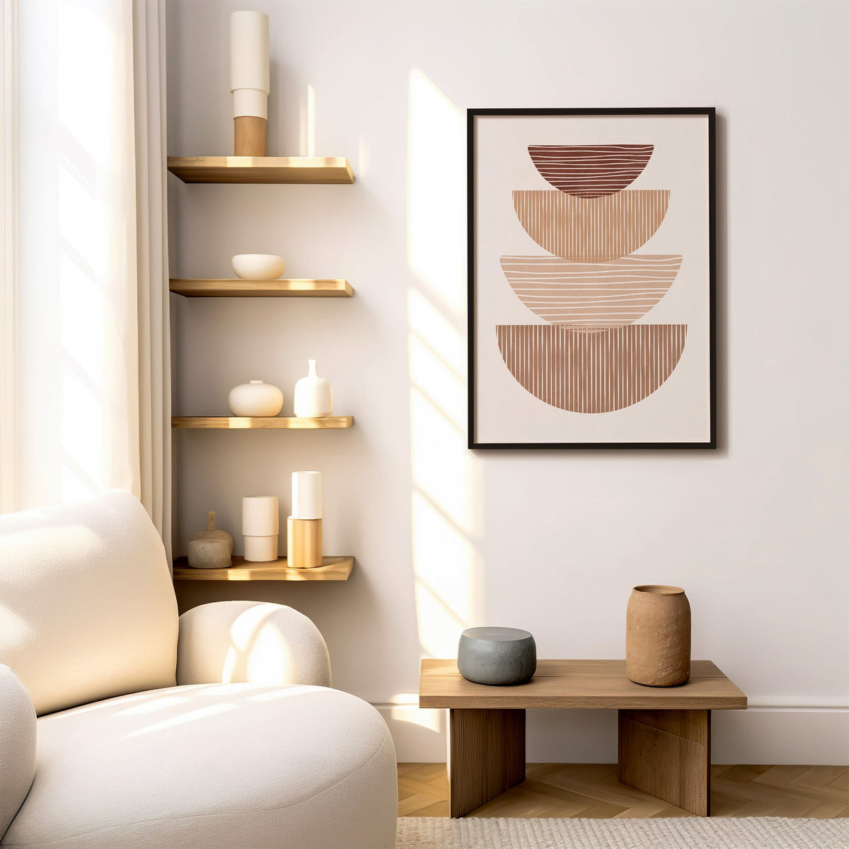 Striped stacked bowls earth tone print in a black frame above a low wood bench beside floating oak shelves