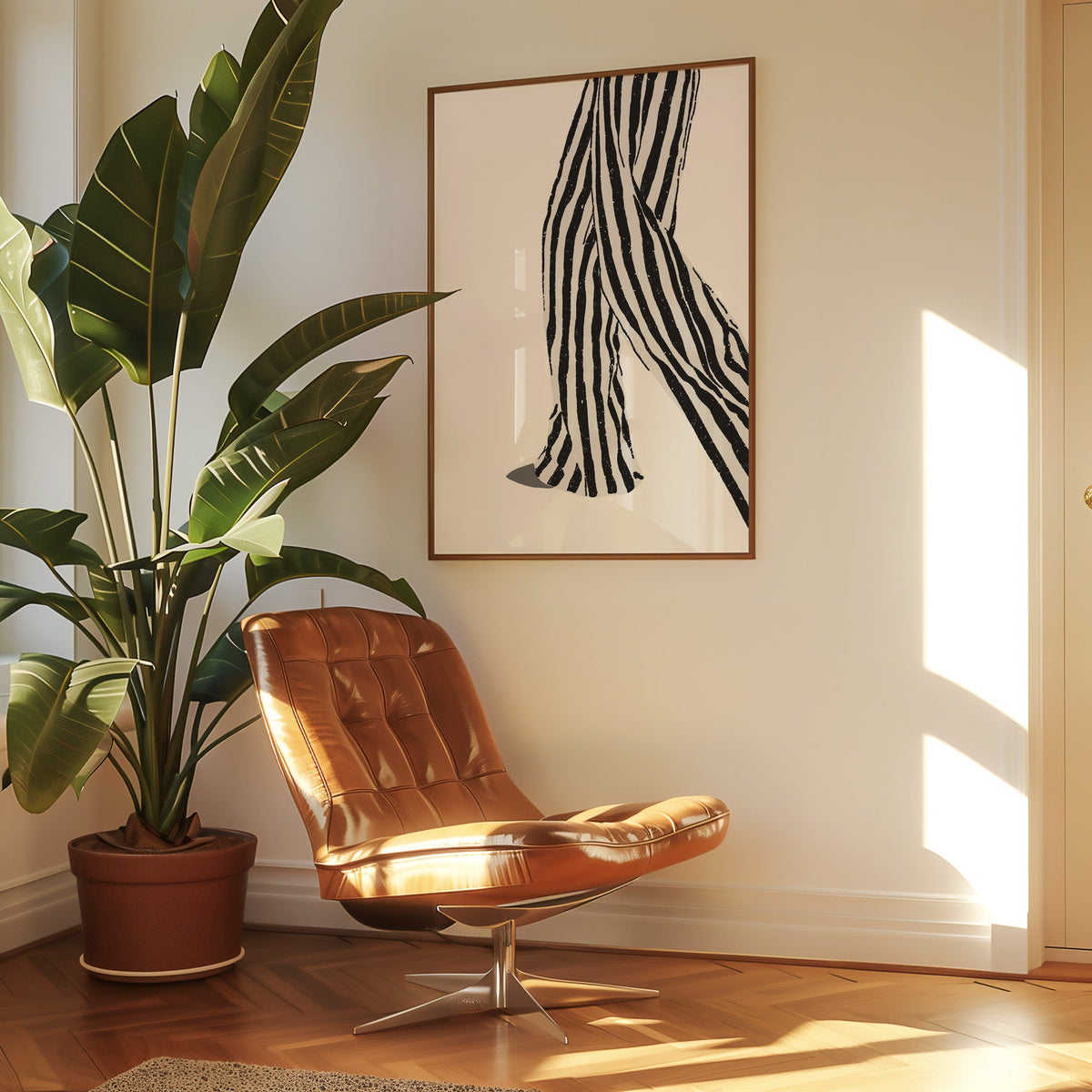 Walking legs in striped trousers graphic print in a walnut frame above a leather lounge chair