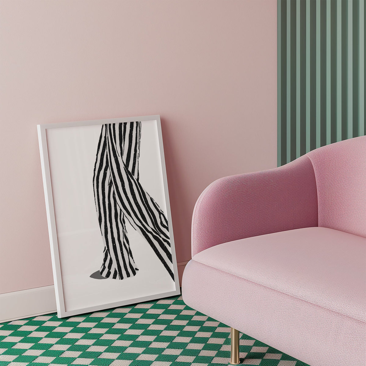 Walking legs in striped trousers graphic print in a white frame beside a pink armchair on a checkered floor