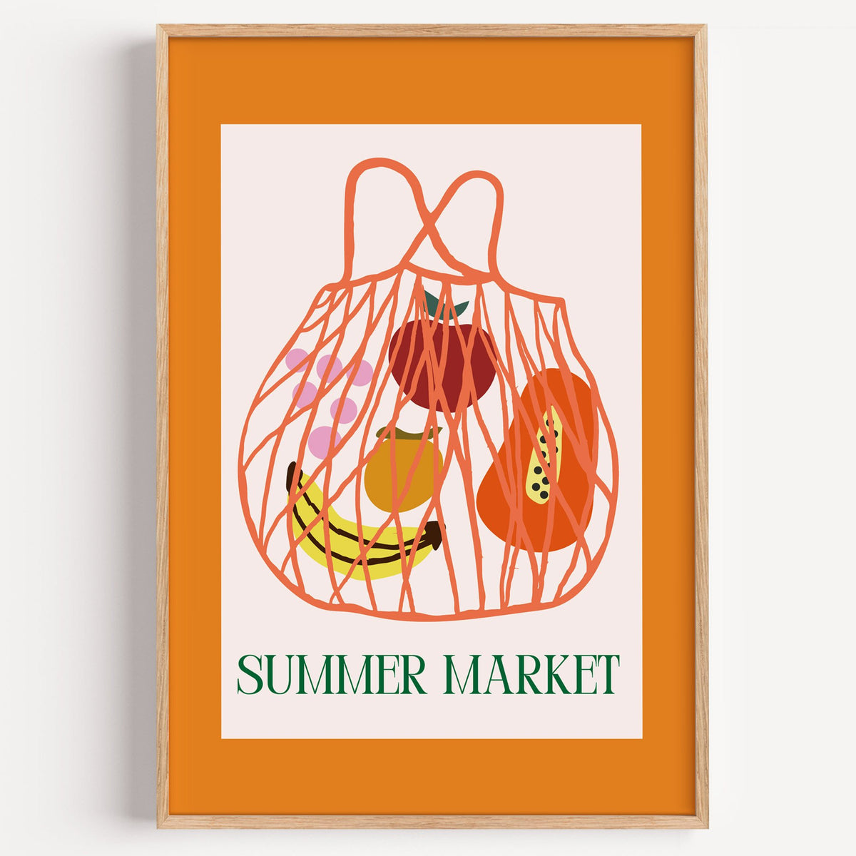 SUMMER MARKET fruit net bag print in a light oak frame on a plain white wall