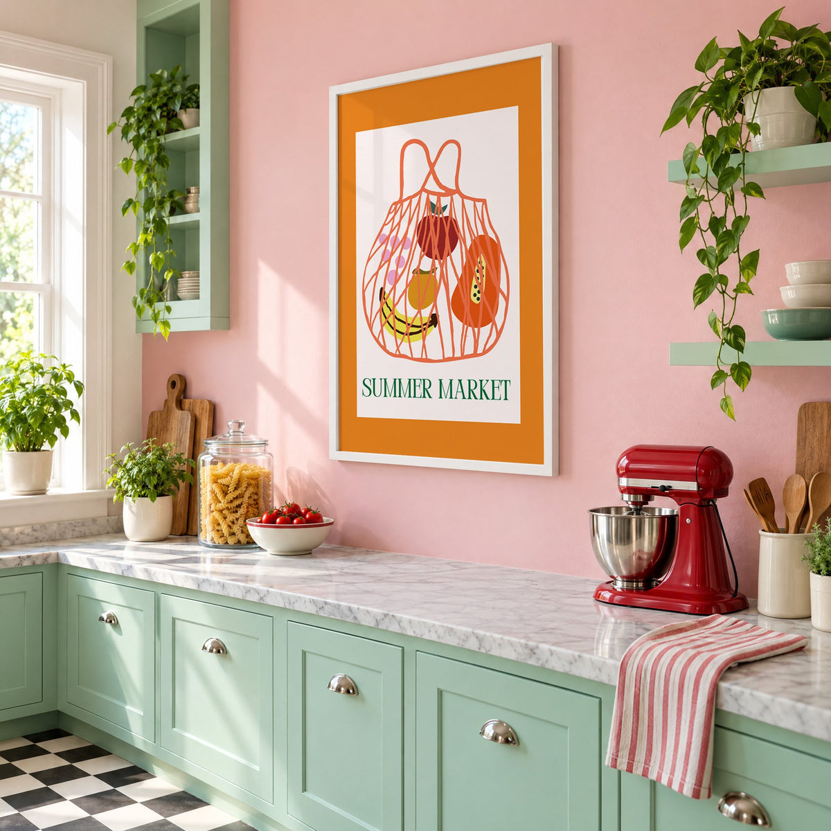 SUMMER MARKET fruit net bag print in a white frame on a pink wall above mint green cabinets in a retro kitchen, seen at an angle