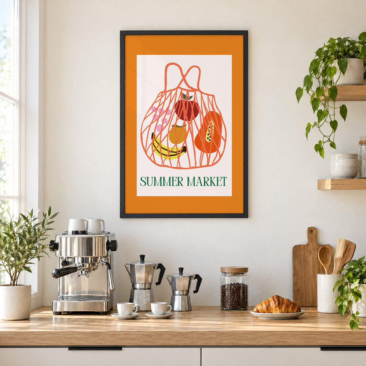 SUMMER MARKET fruit net bag print in a black frame above a home espresso bar with moka pots and espresso cups