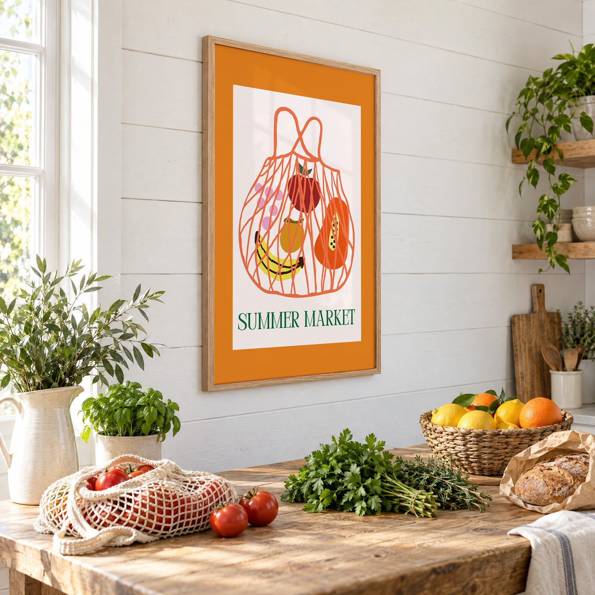 SUMMER MARKET fruit net bag print in an oak frame on a shiplap wall above a farm table with market tomatoes and citrus, seen at an angle