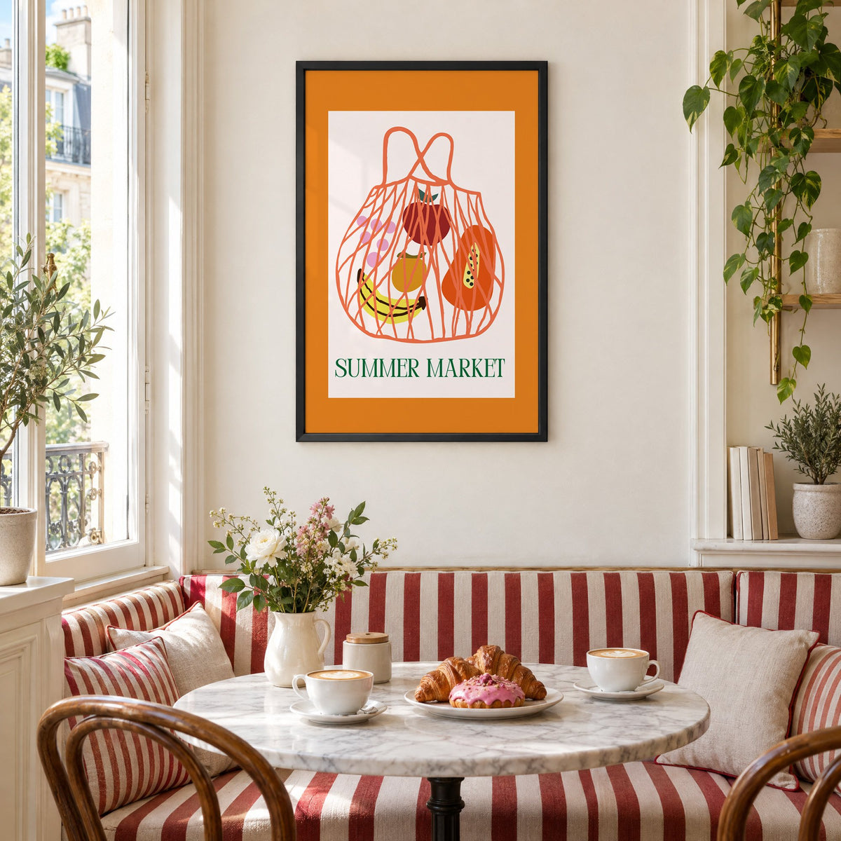 SUMMER MARKET fruit net bag print in a black frame above a striped cafe breakfast nook with cappuccino and pastries