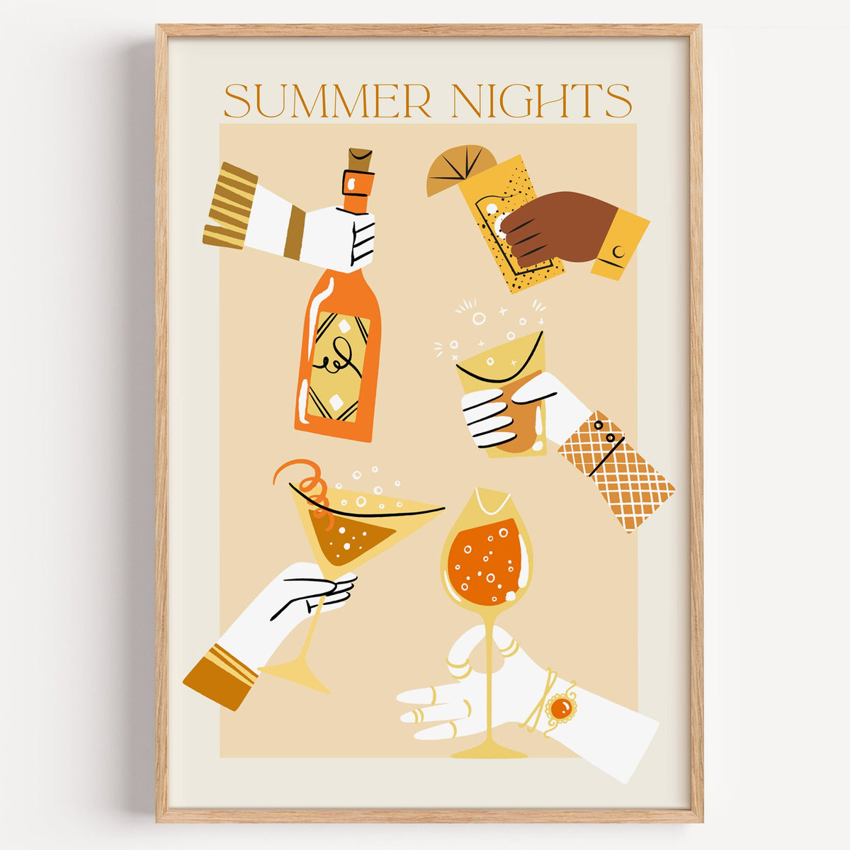 Summer Nights cocktail toast print in a light oak frame on a plain white wall