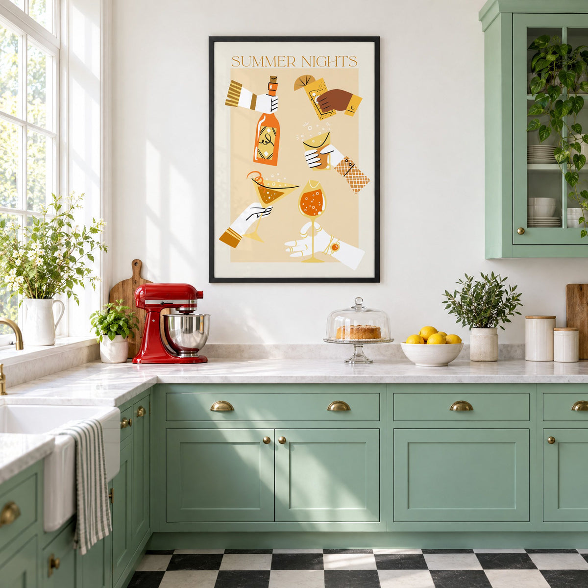 Summer Nights cocktail toast print in a black frame in a mint green retro kitchen above a red stand mixer