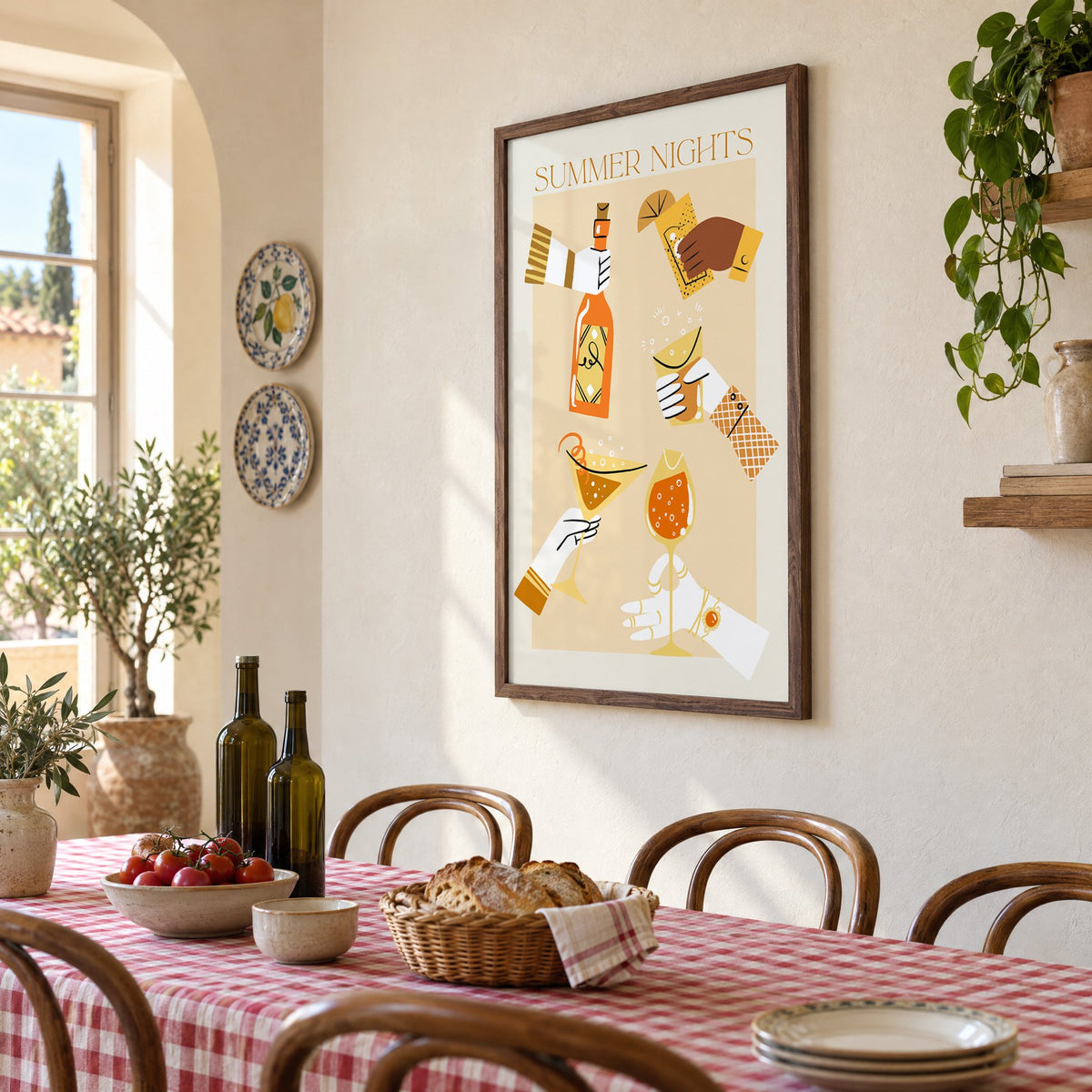 Summer Nights cocktail toast print in a walnut frame above a gingham-covered trattoria table, seen at an angle