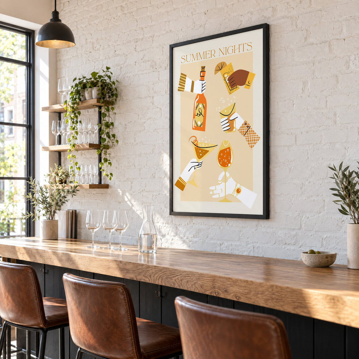Summer Nights cocktail toast print in a black frame on a white brick wall above a wine bar counter