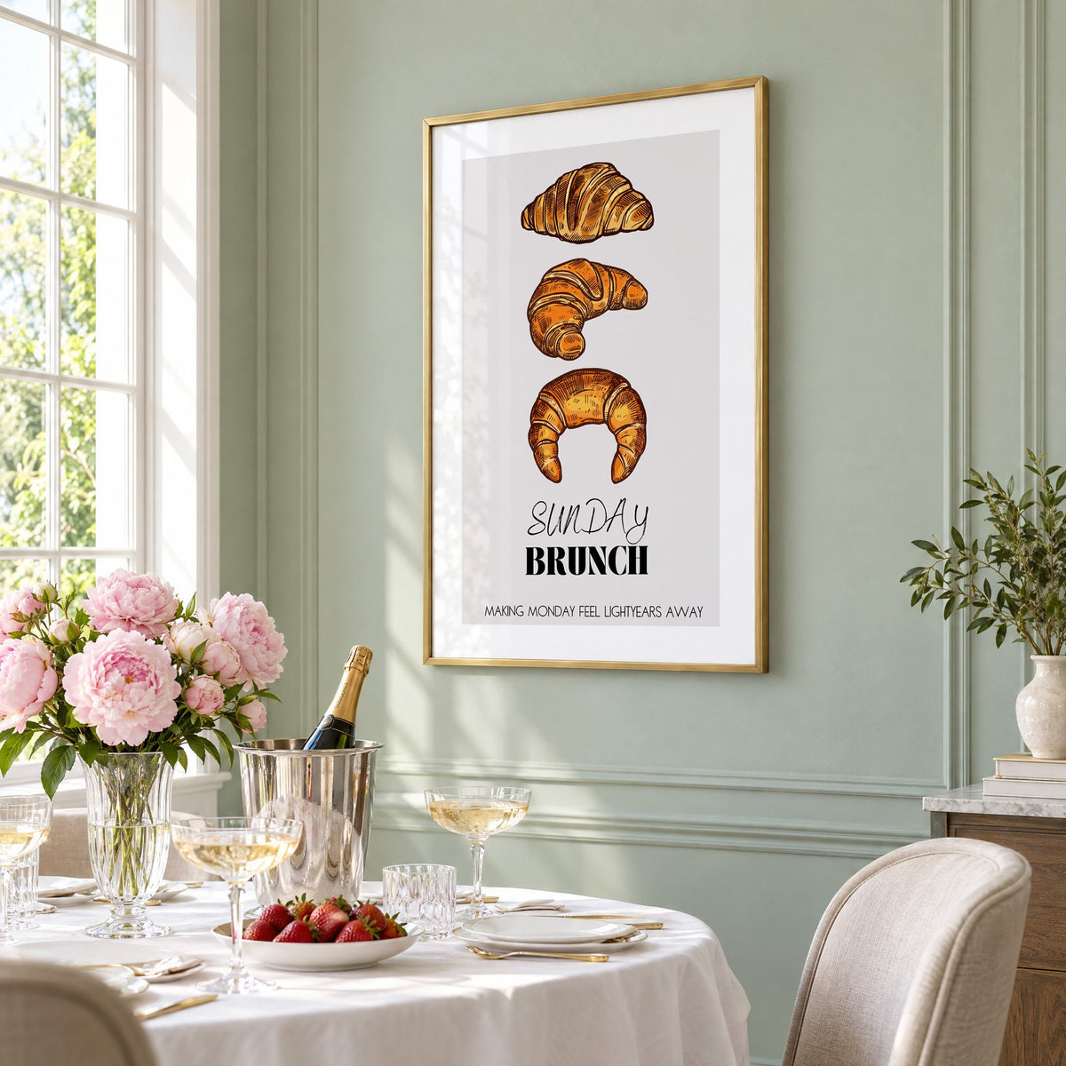 SUNDAY BRUNCH three croissants print in a brass frame on a sage wall above a brunch table with champagne and peonies, seen at an angle