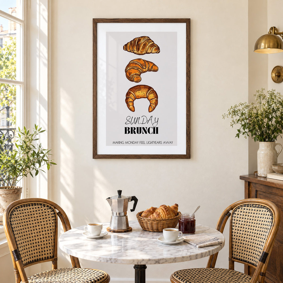 SUNDAY BRUNCH three croissants print in a walnut frame above a marble bistro table with croissants and rattan chairs