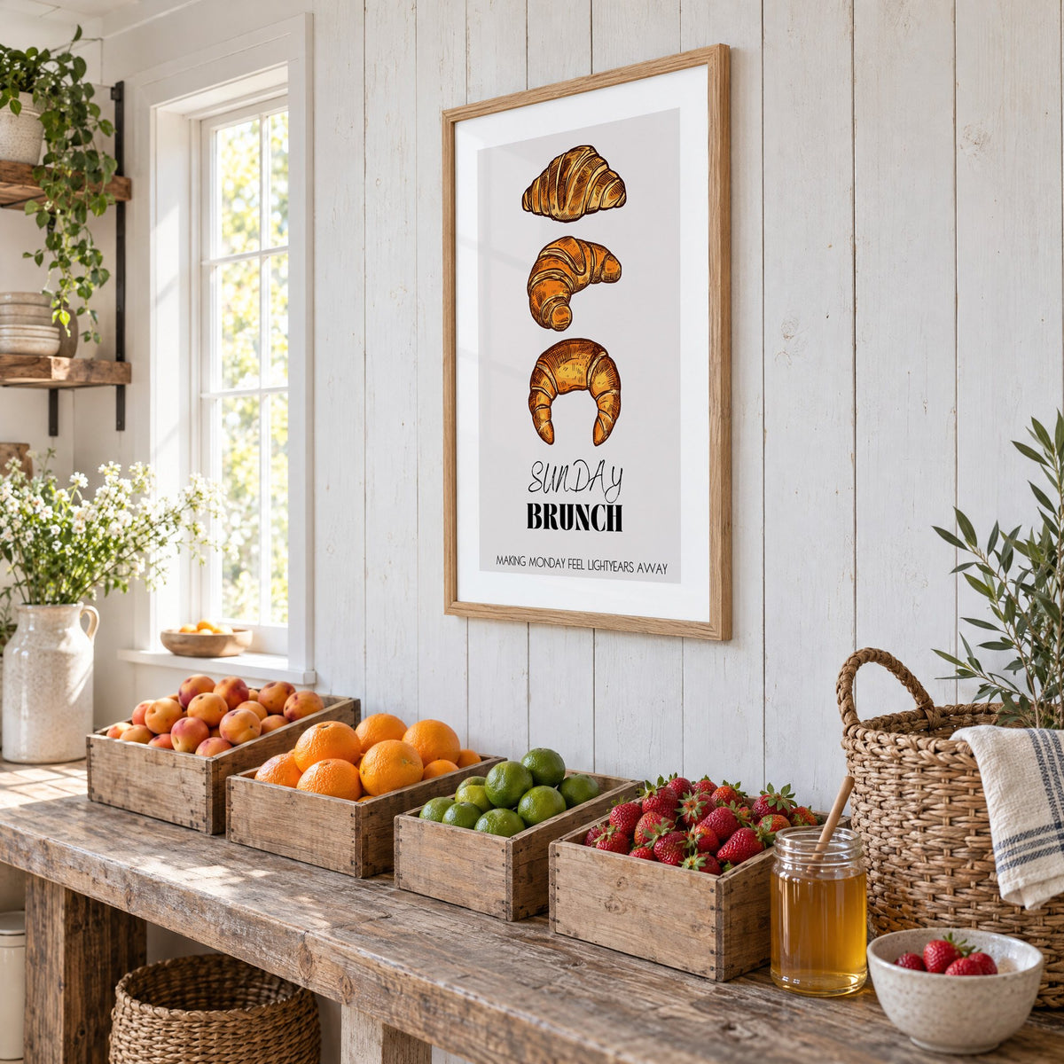 SUNDAY BRUNCH three croissants print in an oak frame on white plank walls above wooden crates of fresh fruit, seen at an angle